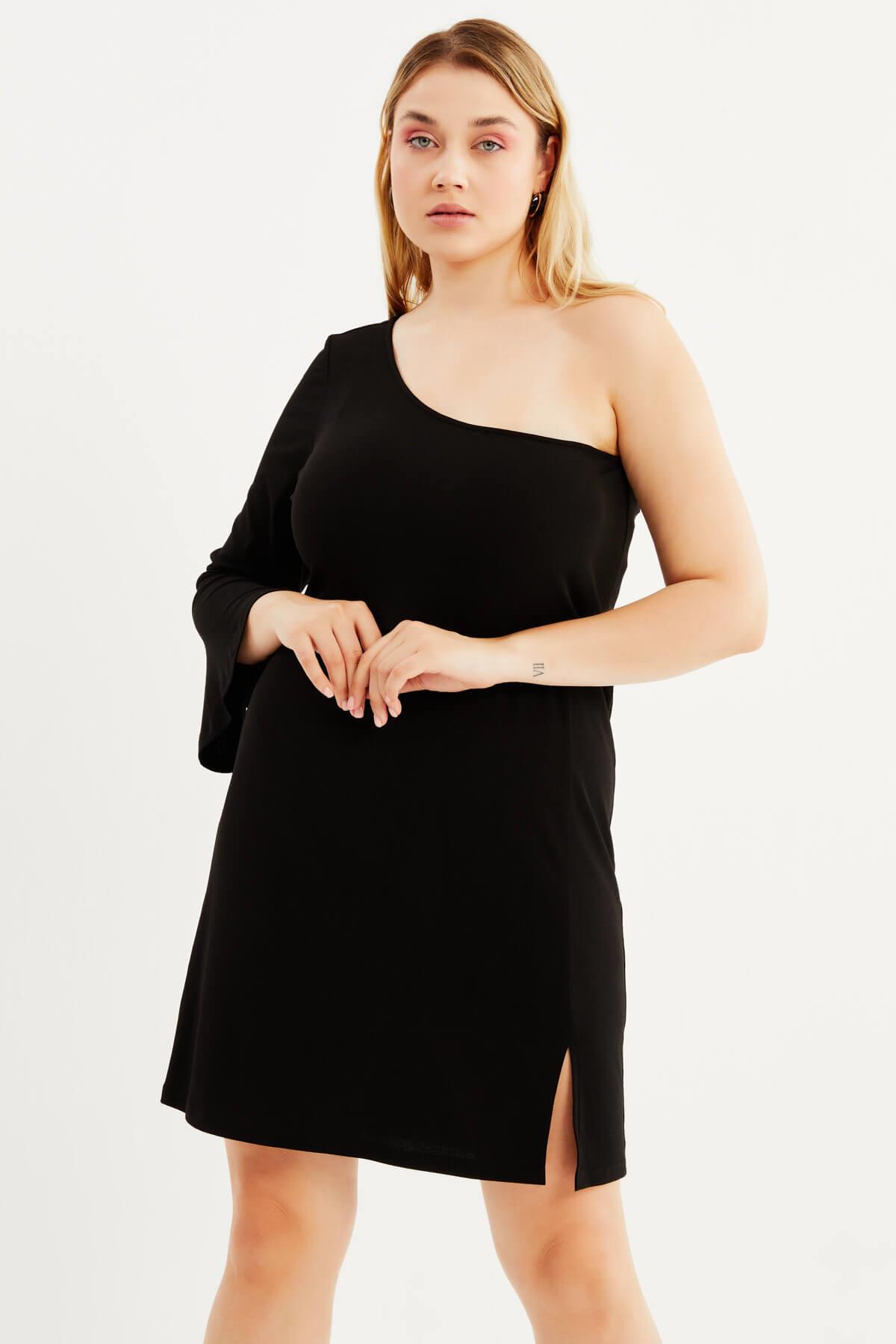 Myline-Astarlı Tek Omuz Yırtmaçlı Elbise-Büyük Beden Elbise-88018