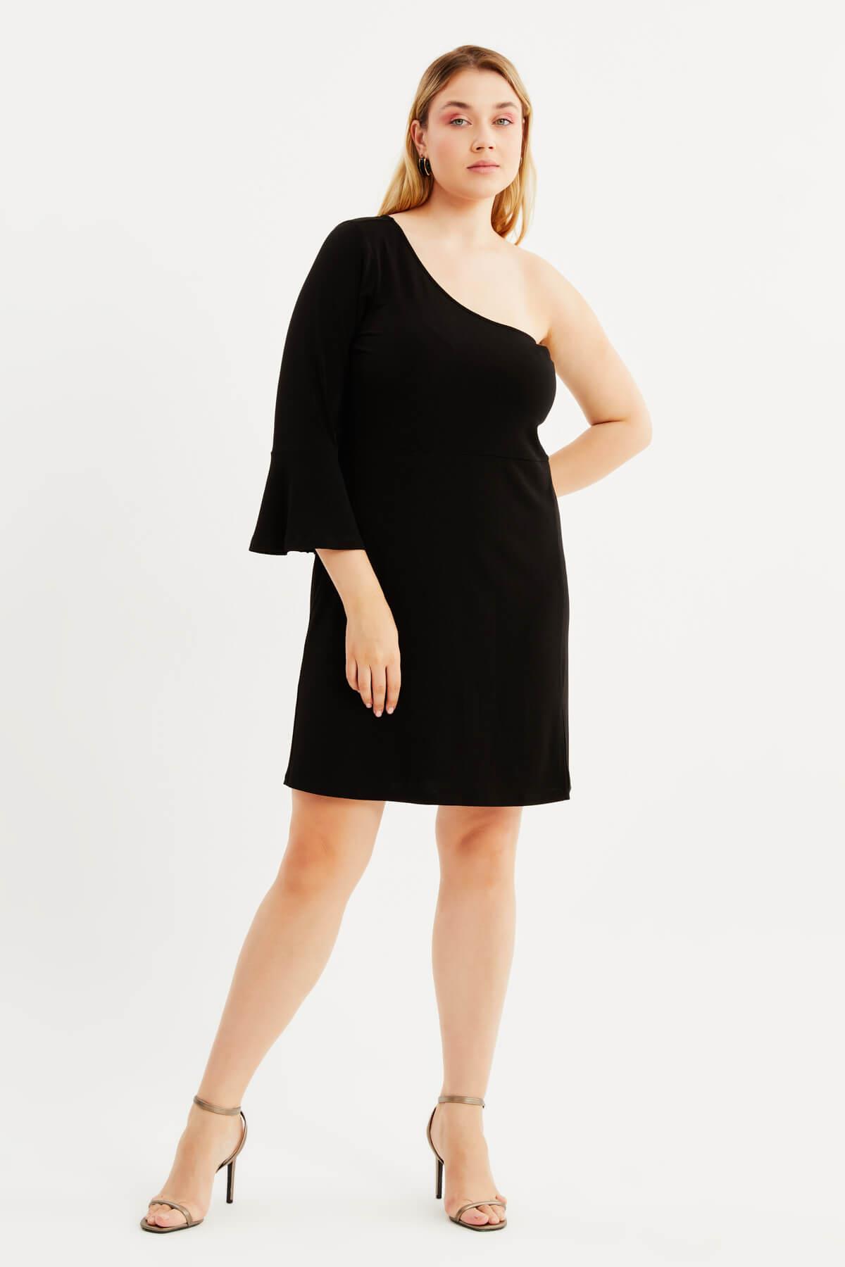 Myline-Astarlı Tek Omuz Yırtmaçlı Elbise-Büyük Beden Elbise-88018