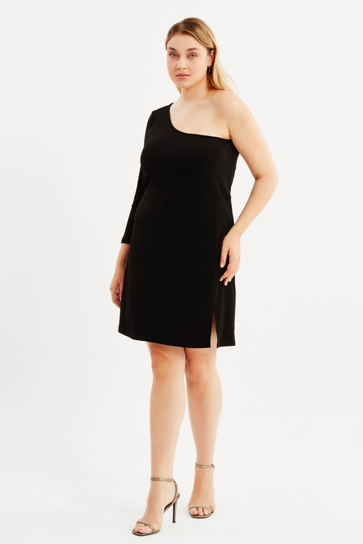 Myline-Astarlı Tek Omuz Yırtmaçlı Elbise-Büyük Beden Elbise-88018