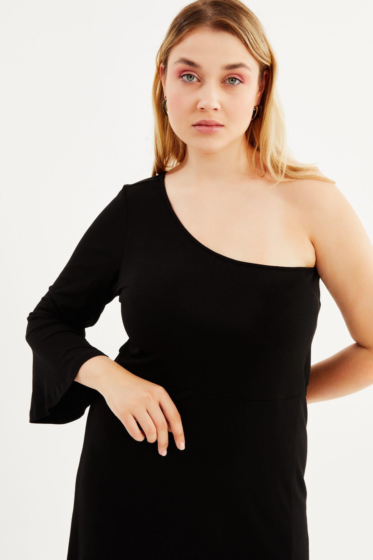 Myline-Astarlı Tek Omuz Yırtmaçlı Elbise-Büyük Beden Elbise-88018