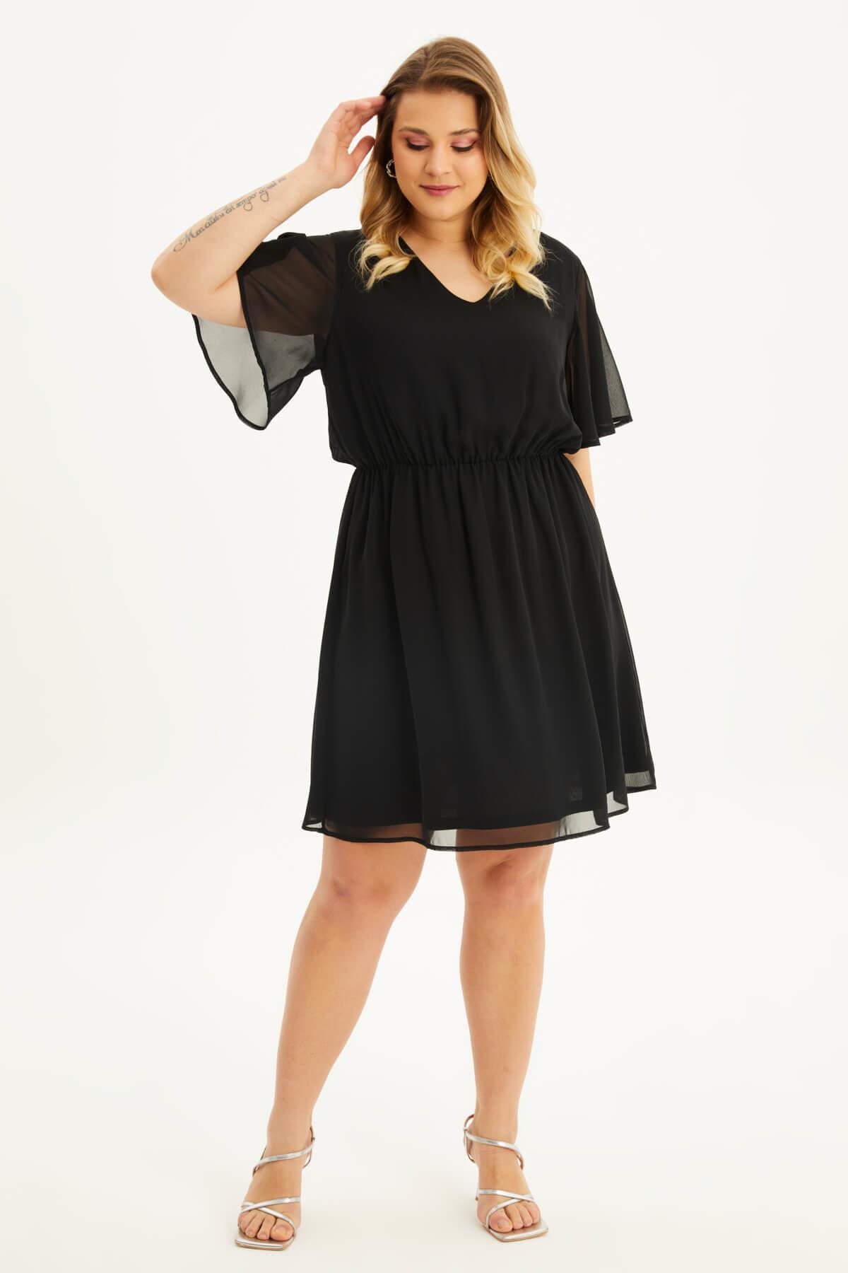 Myline-Astarlı Volanlı Şifon Elbise-Büyük Beden Günlük Elbiseler-98310