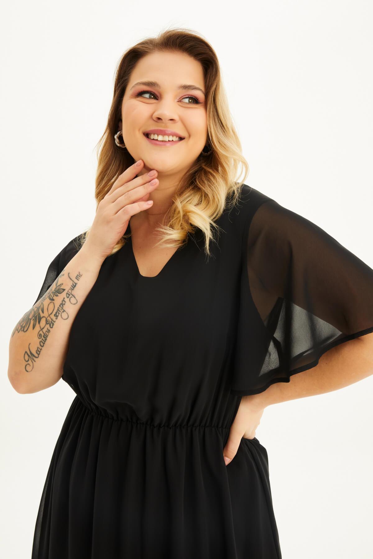 Myline-Astarlı Volanlı Şifon Elbise-Büyük Beden Günlük Elbiseler-98310