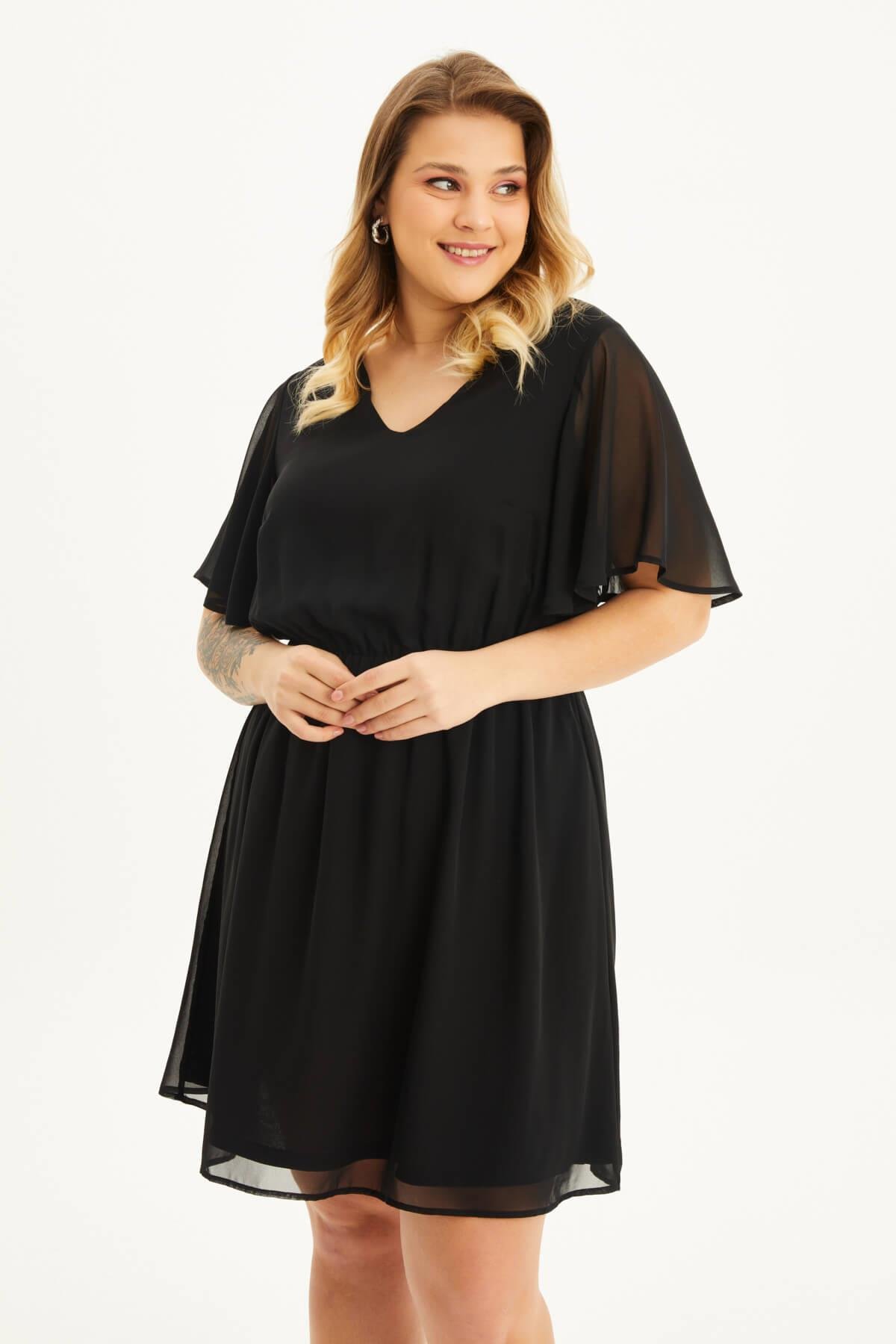 Myline-Astarlı Volanlı Şifon Elbise-Büyük Beden Günlük Elbiseler-98310