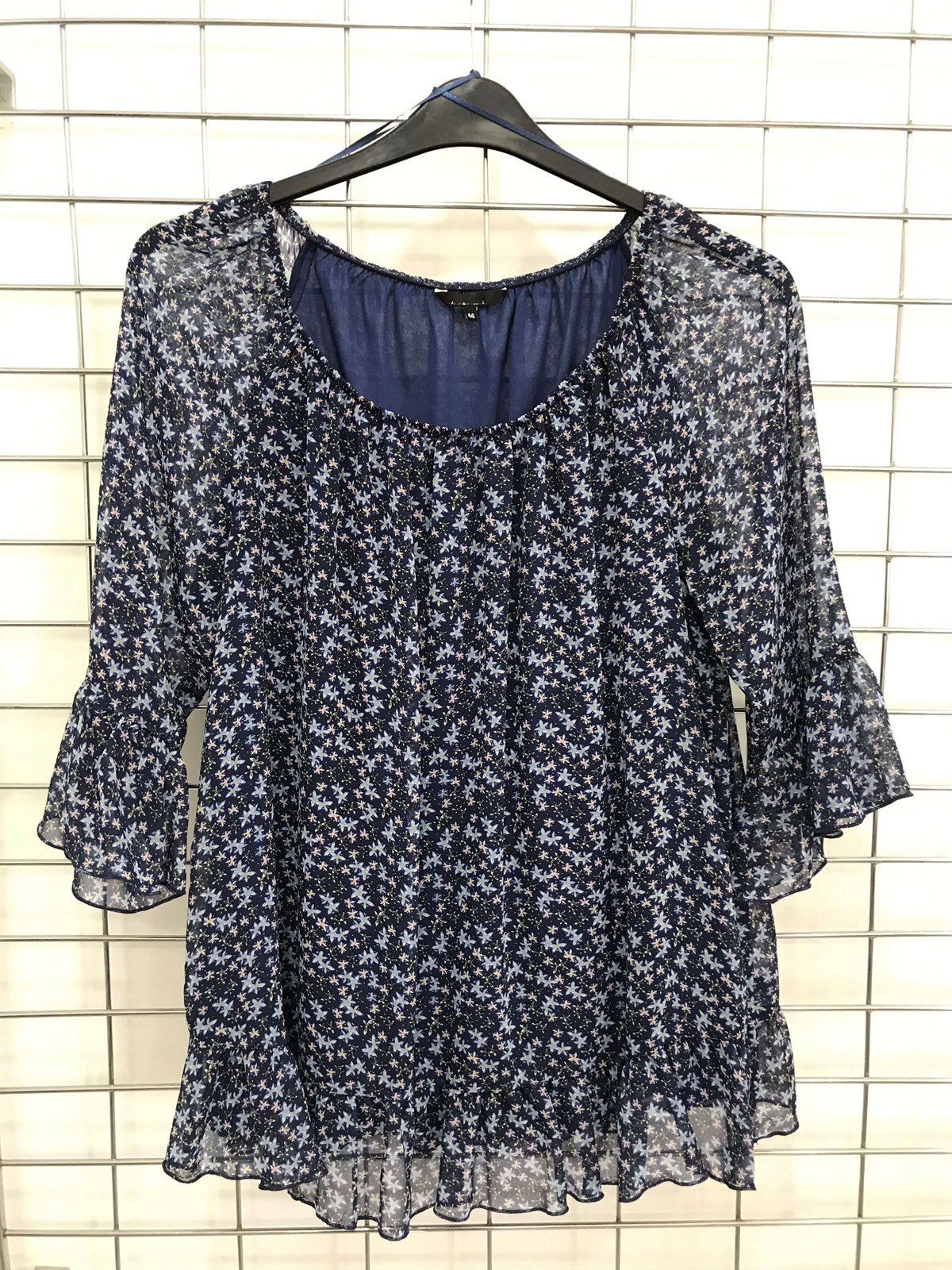 Myline-Astarlı Yaka Lastikli 3/4 Kol Şifon Bluz-Büyük Beden Outlet-45607