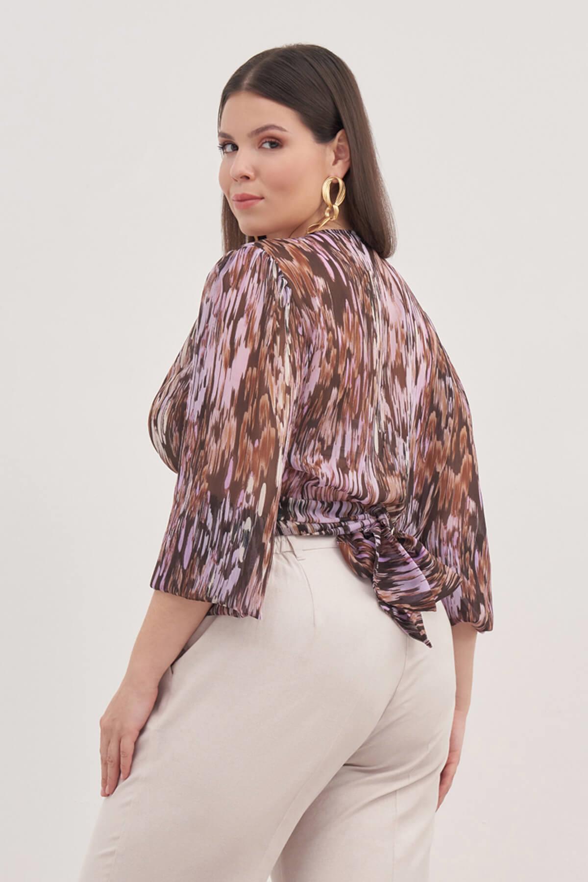Myline-Bağcık Detaylı Pilili Şifon Bluz-Büyük Beden Bluz-129003