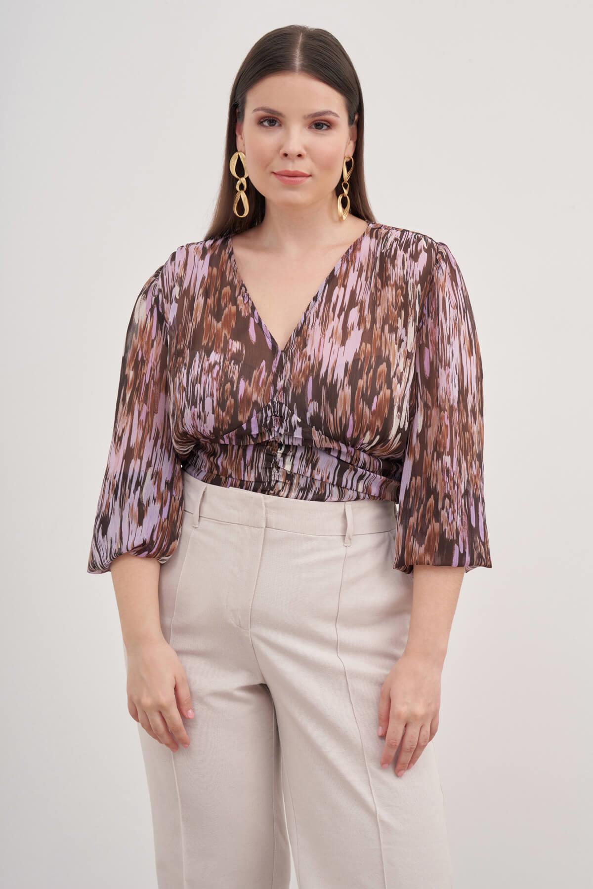 Myline-Bağcık Detaylı Pilili Şifon Bluz-Büyük Beden Bluz-129003