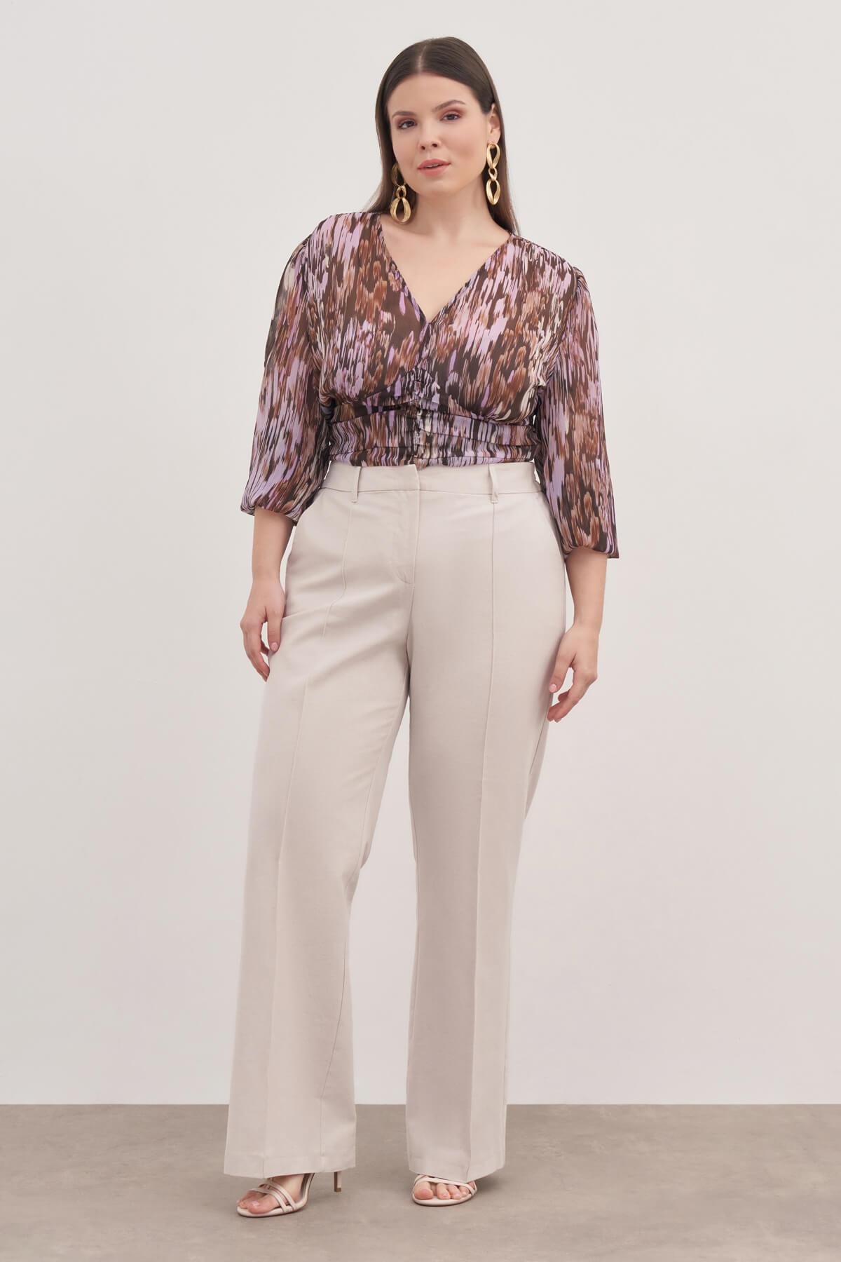 Myline-Bağcık Detaylı Pilili Şifon Bluz-Büyük Beden Bluz-129003