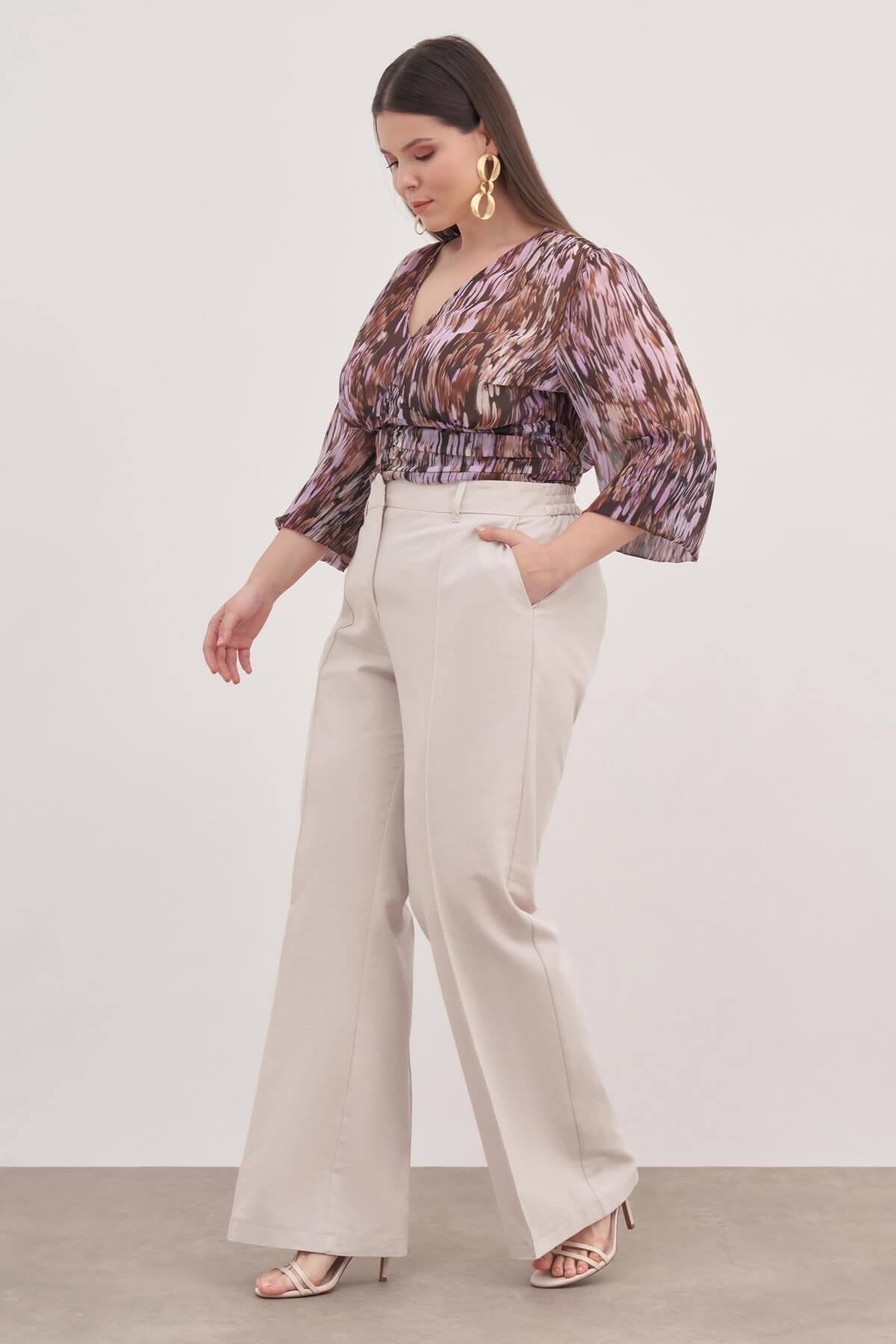 Myline-Bağcık Detaylı Pilili Şifon Bluz-Büyük Beden Bluz-129003