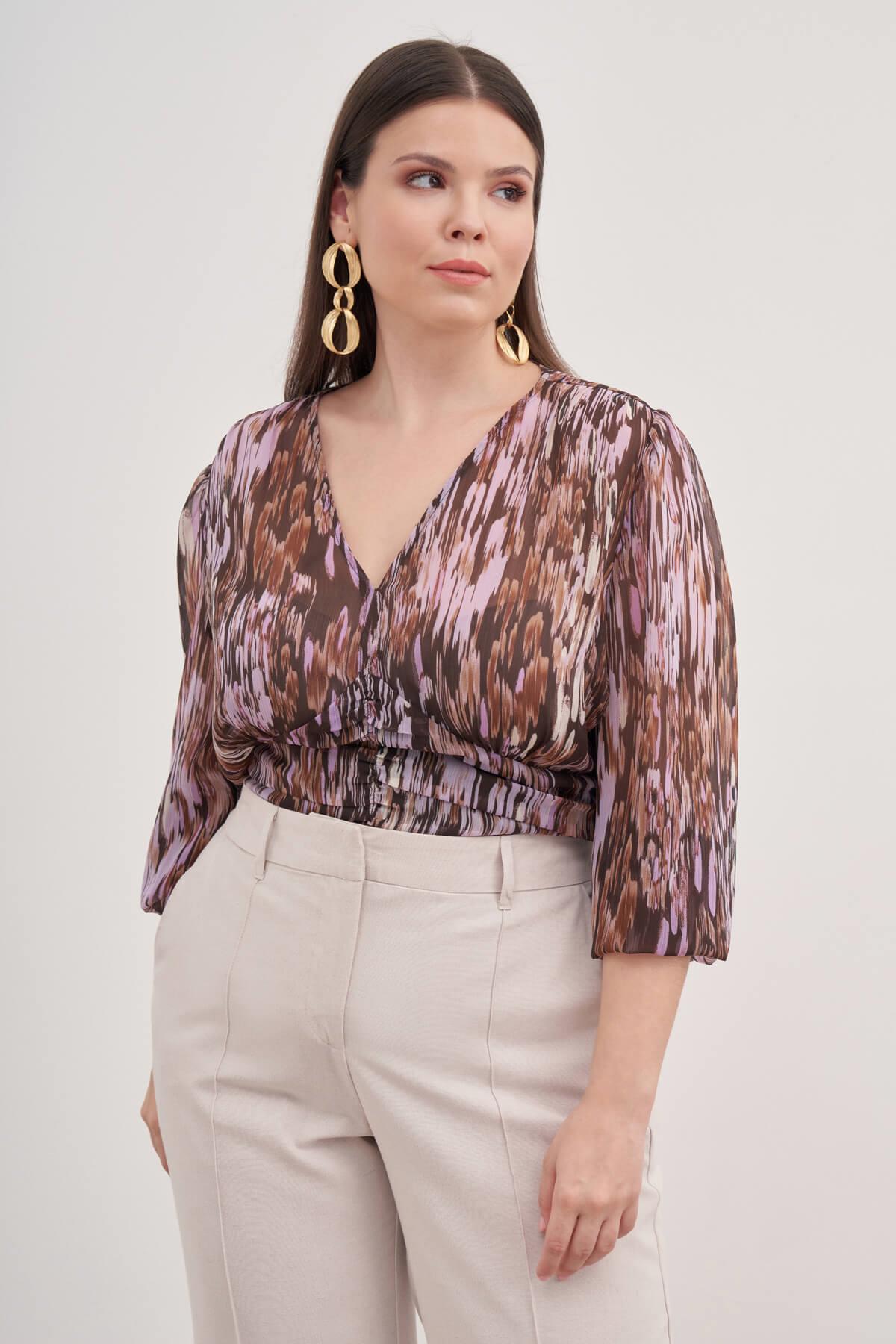 Myline-Bağcık Detaylı Pilili Şifon Bluz-Büyük Beden Bluz-129003