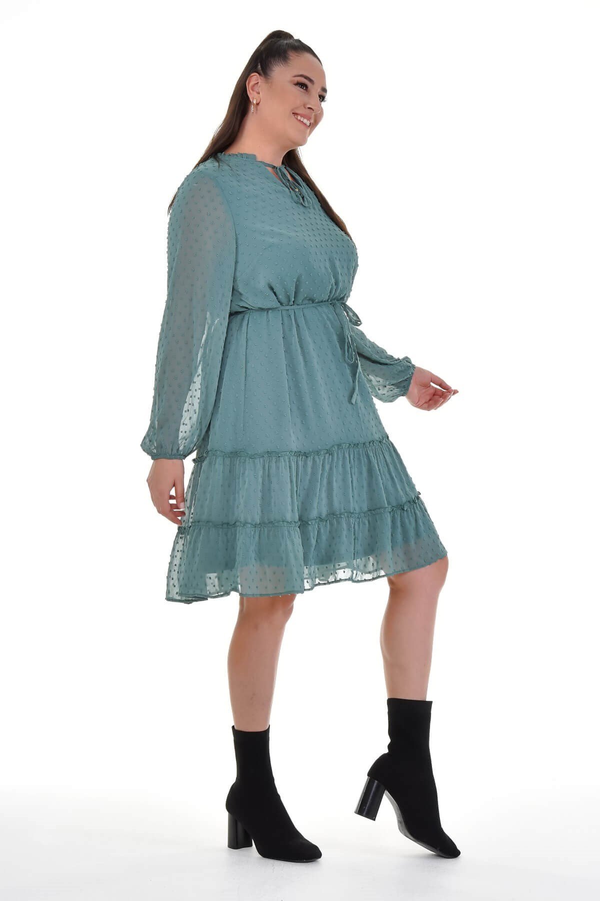 Myline-Bağcıklı Eteği Fırfırlı Elbise-Büyük Beden Günlük Elbiseler-77144