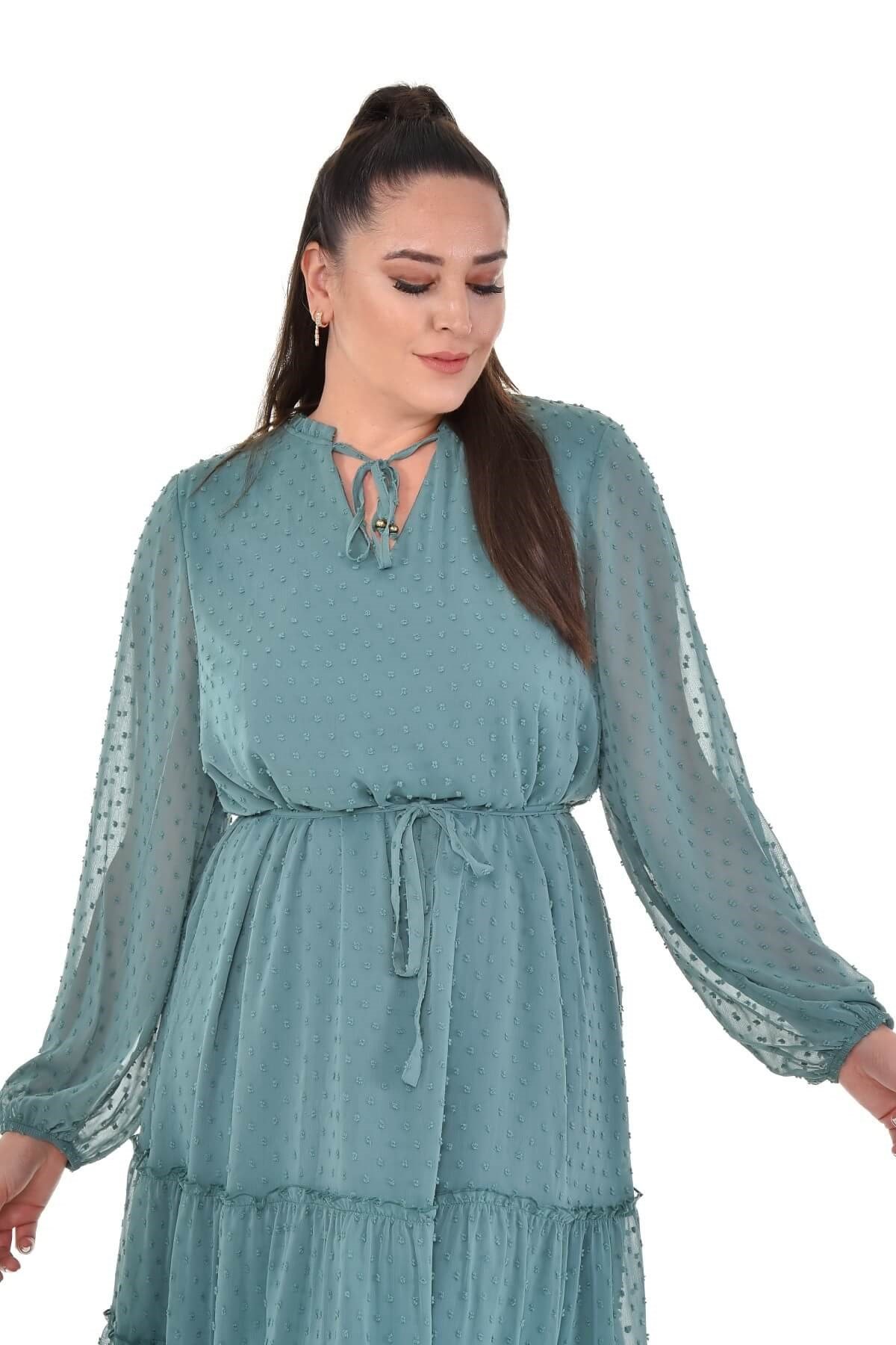 Myline-Bağcıklı Eteği Fırfırlı Elbise-Büyük Beden Günlük Elbiseler-77144