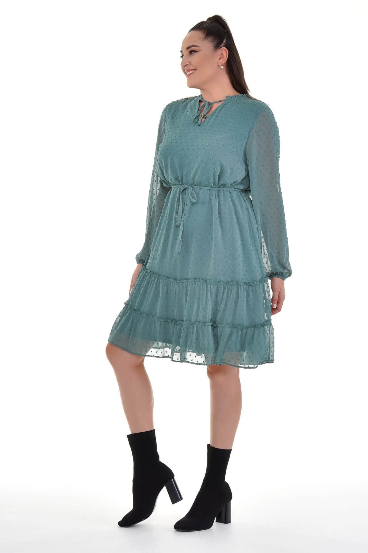 Myline-Bağcıklı Eteği Fırfırlı Elbise-Büyük Beden Günlük Elbiseler-77144