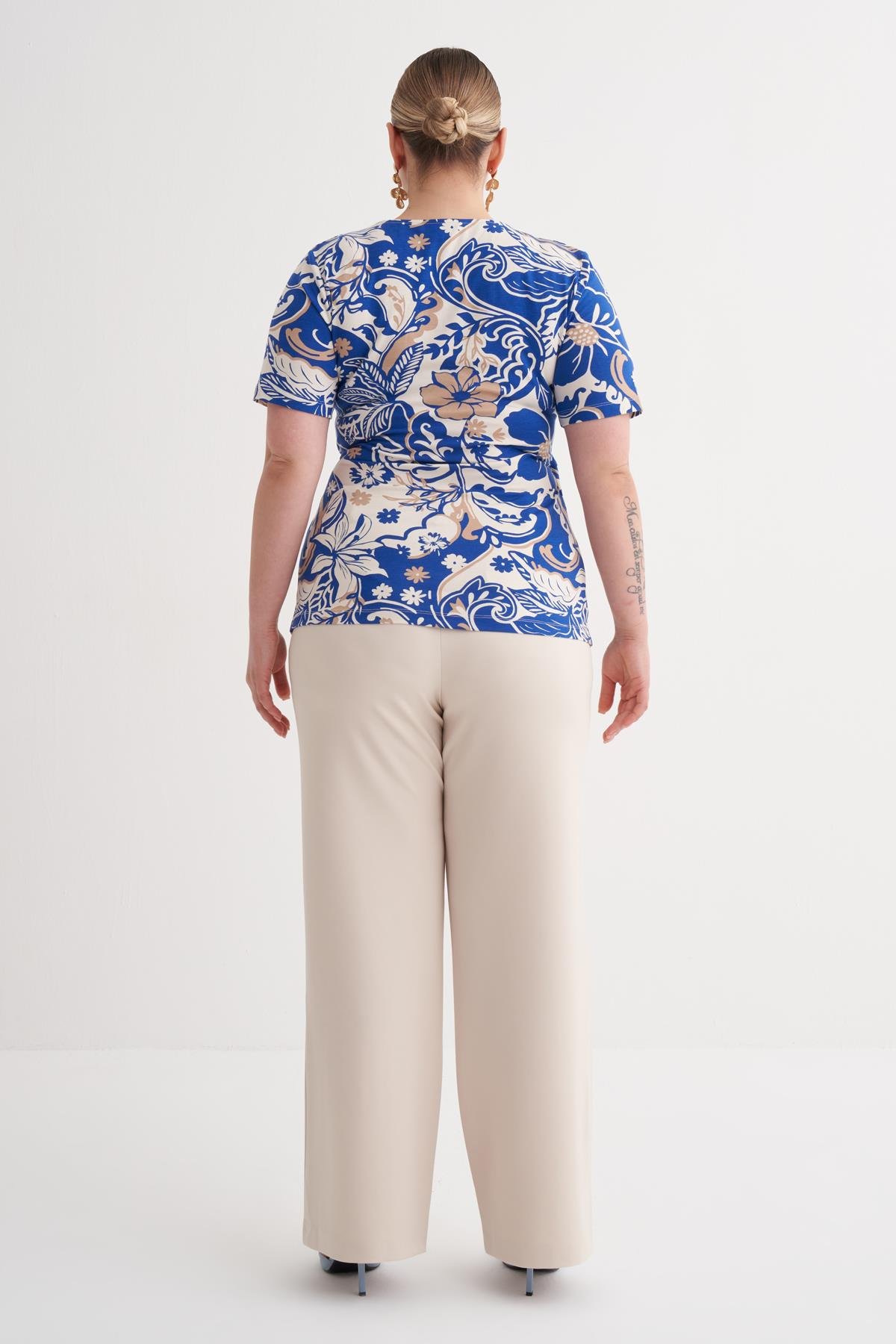 Myline-Bağlama Detaylı Desenli Bluz-Büyük Beden Bluz-150018