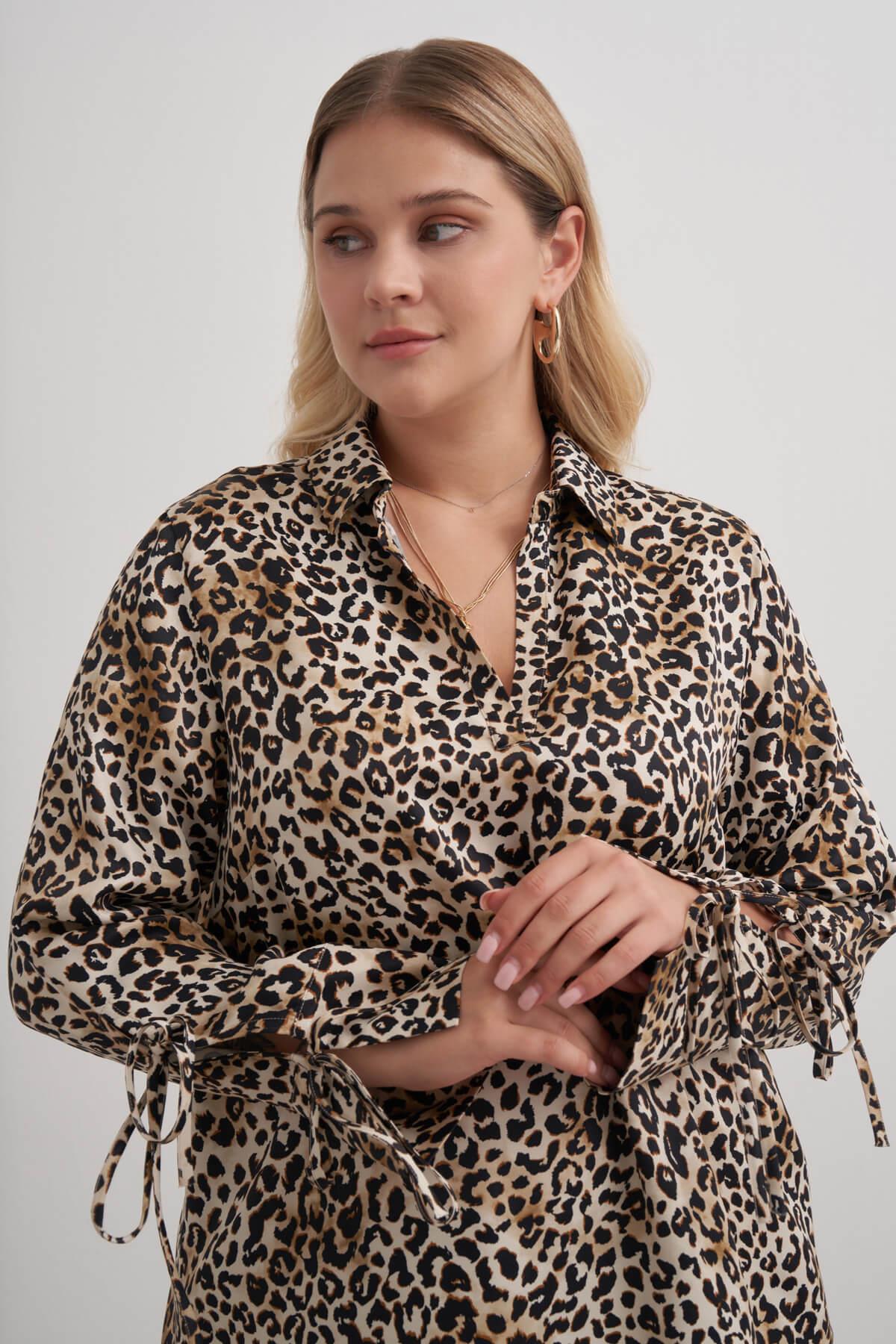 Myline-Bağlama Detaylı Leopar Bluz-Büyük Beden Bluz-149540