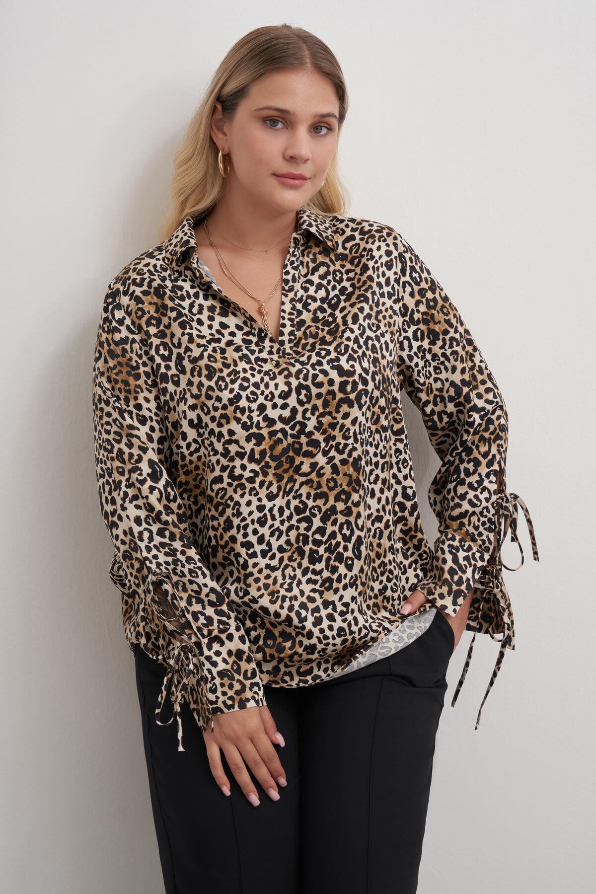 Myline-Bağlama Detaylı Leopar Bluz-Büyük Beden Bluz-149540