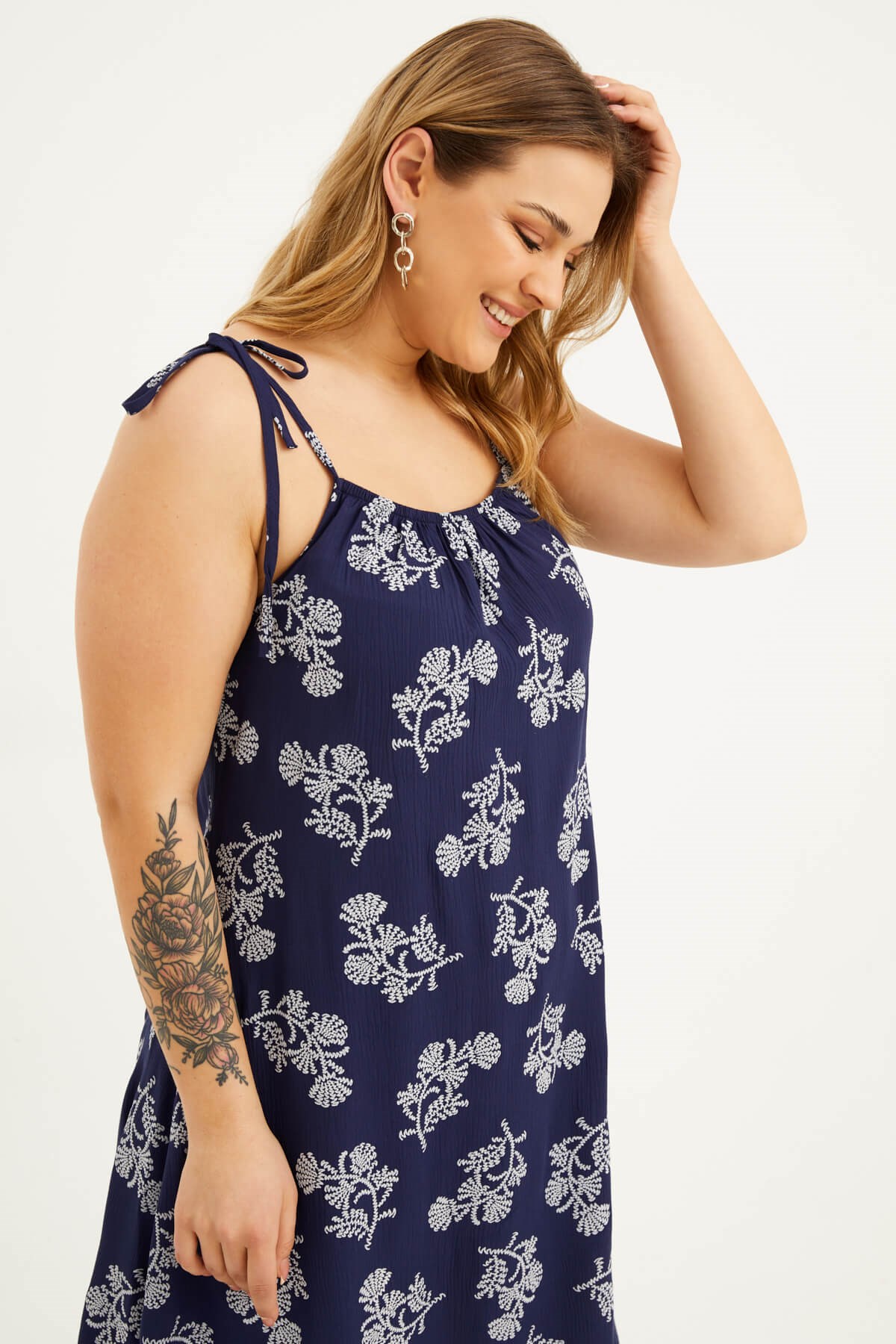 Myline-Bağlama Detaylı Yakası Büzgülü Elbise-Büyük Beden Günlük Elbiseler-77603