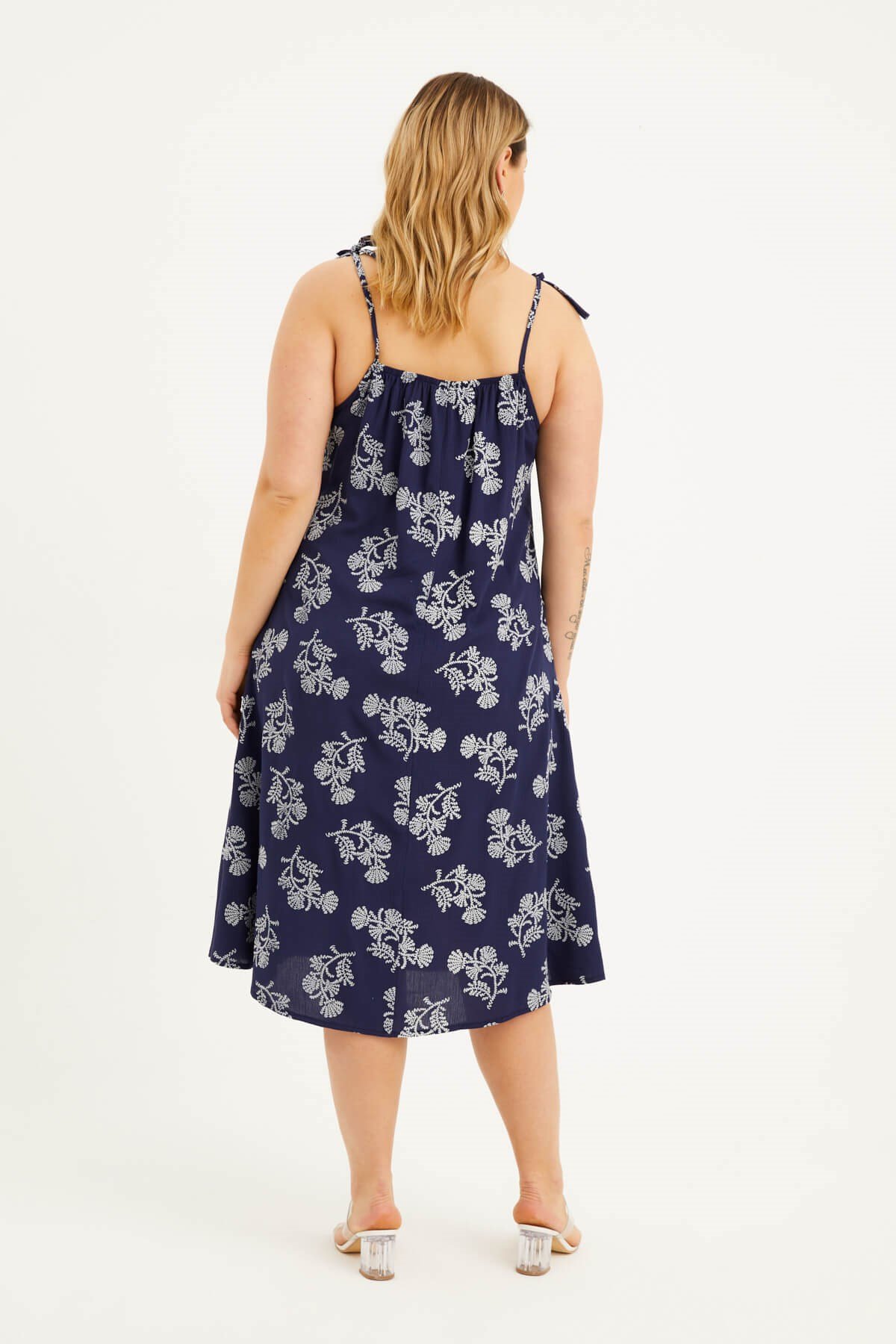 Myline-Bağlama Detaylı Yakası Büzgülü Elbise-Büyük Beden Günlük Elbiseler-77603