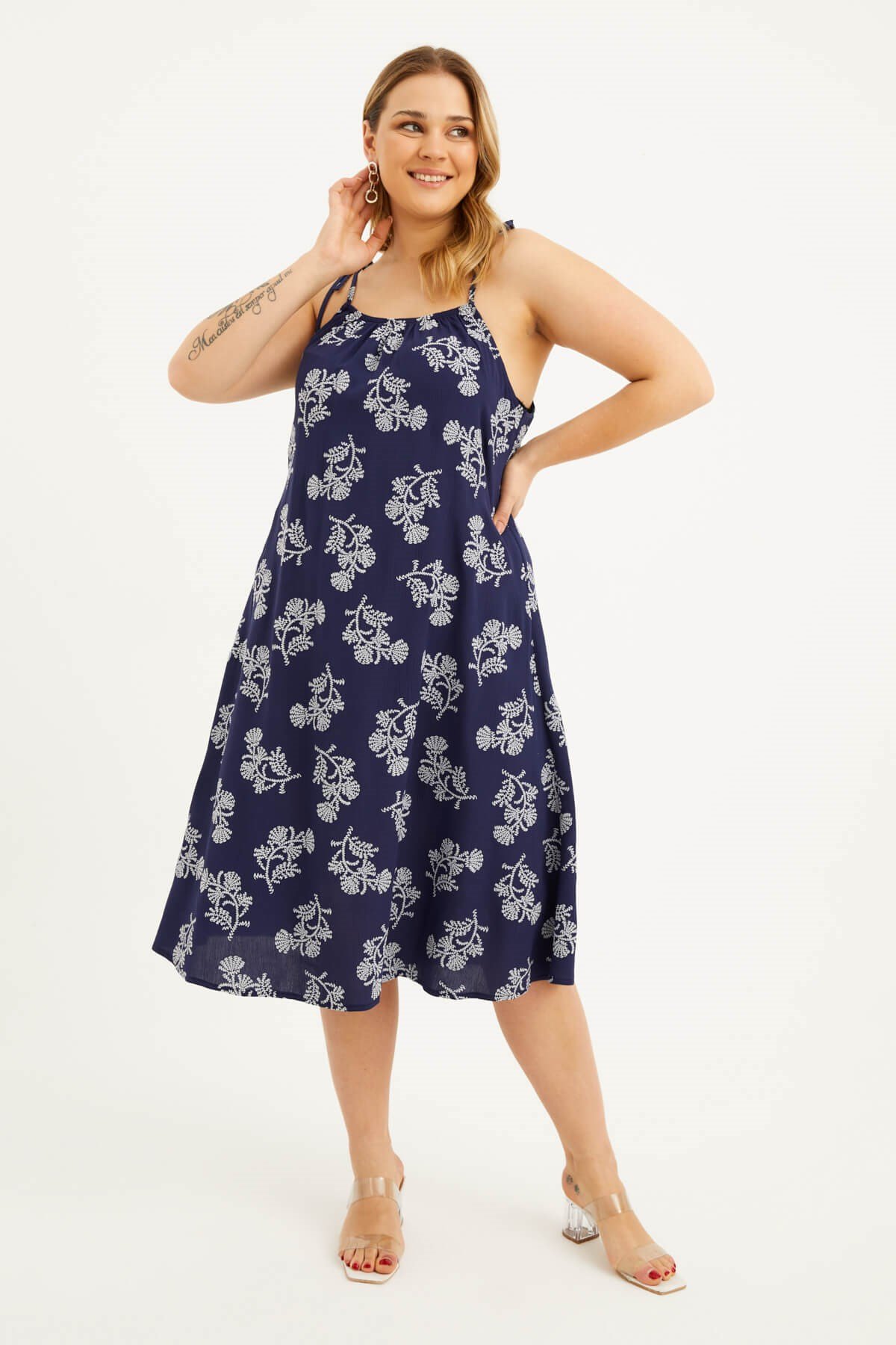 Myline-Bağlama Detaylı Yakası Büzgülü Elbise-Büyük Beden Günlük Elbiseler-77603