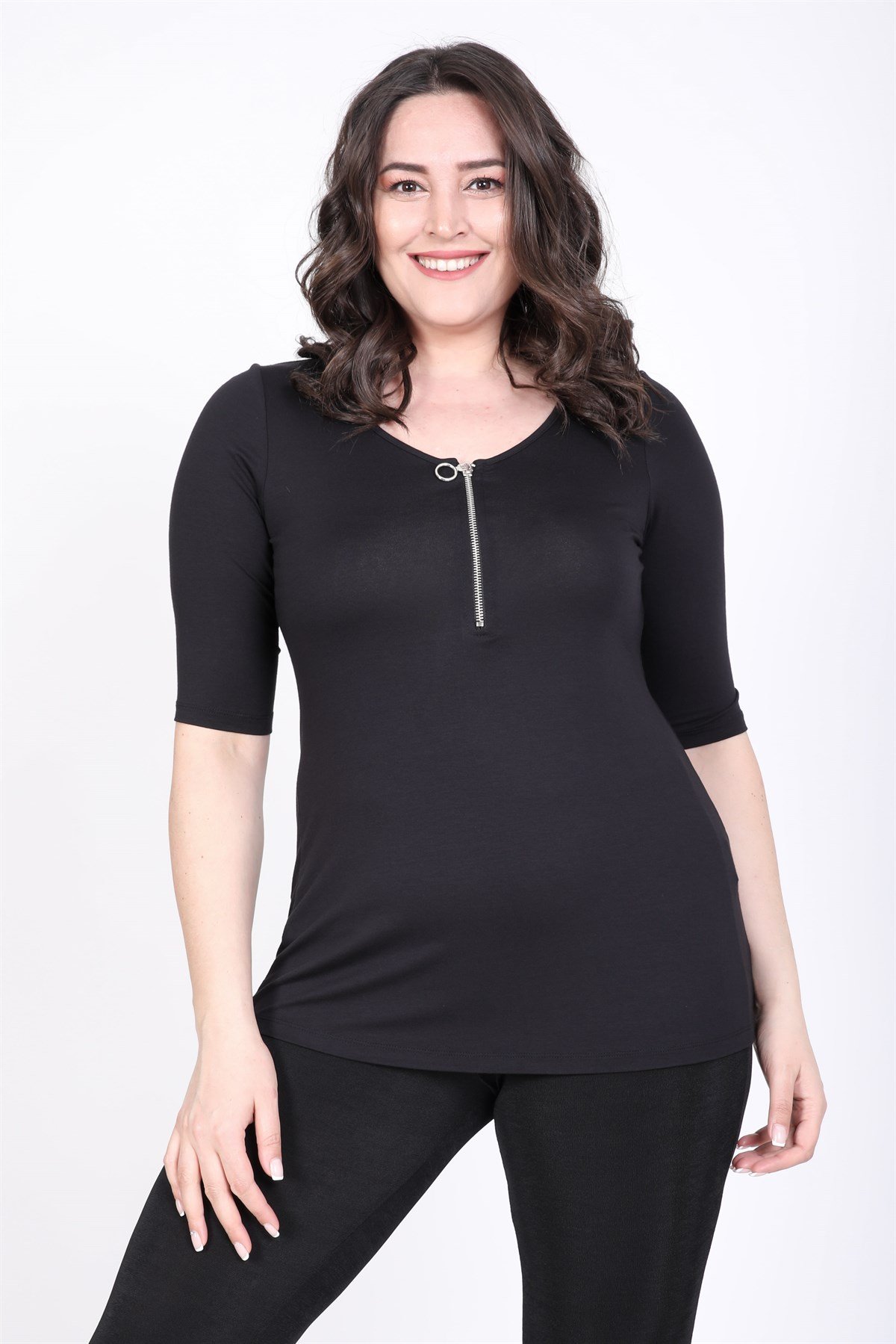 Myline-Balerin Yaka Fermuarlı Bluz-Büyük Beden Bluz-35313