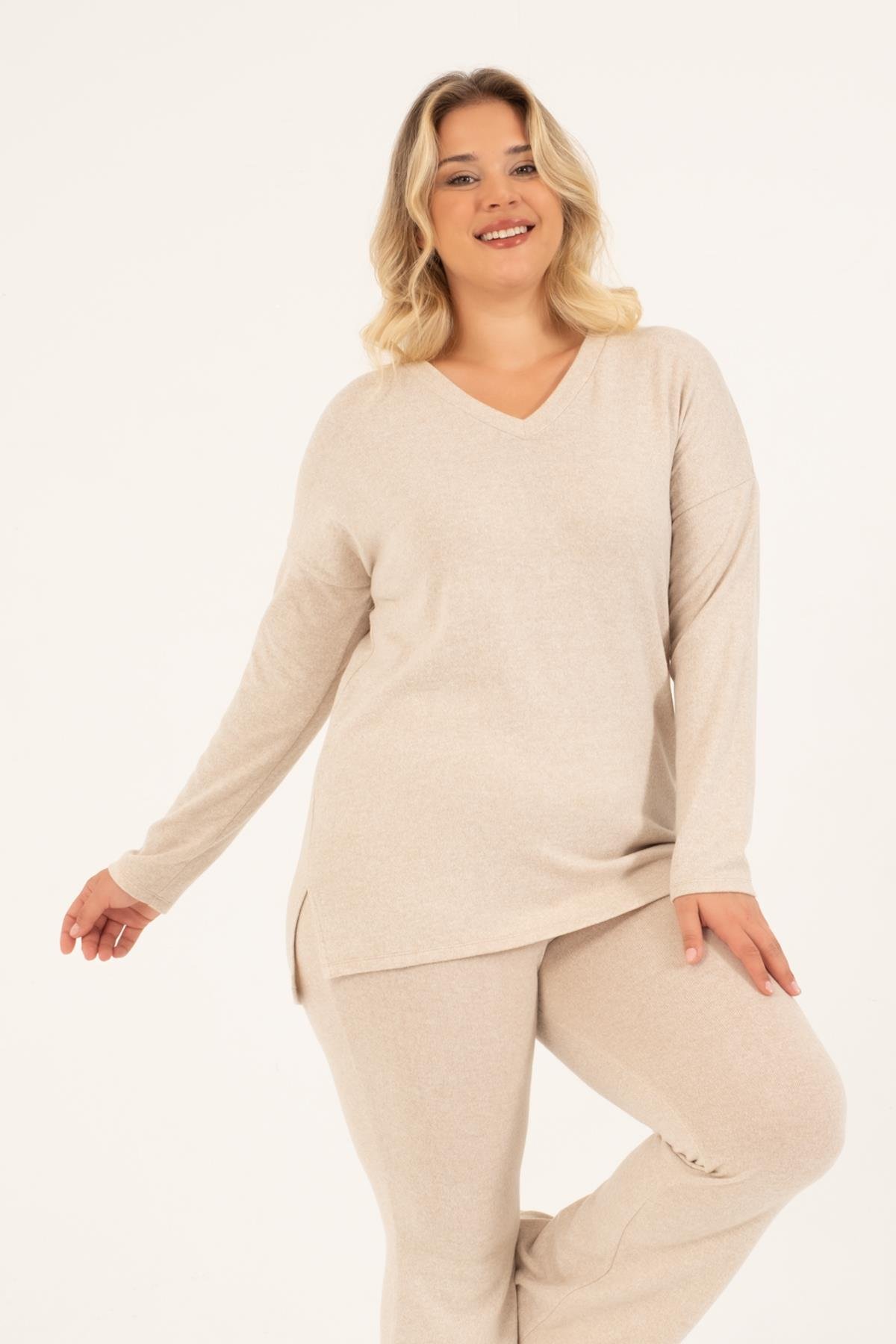 Myline-Basic V Yaka Triko Kazak-Büyük Beden Tunik-88140