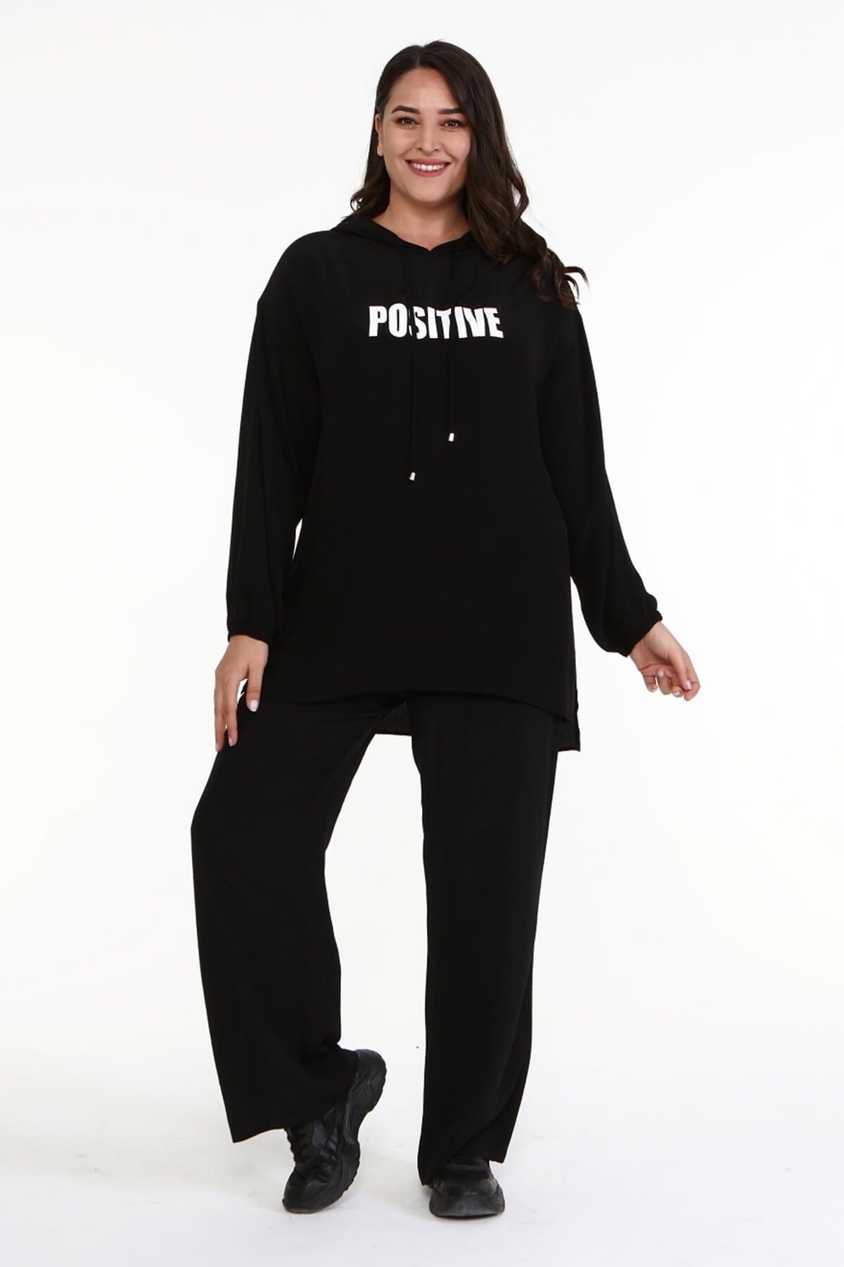 Myline-Baskılı Kapüşonlu Sweatshirt-Büyük Beden Bluz-67039