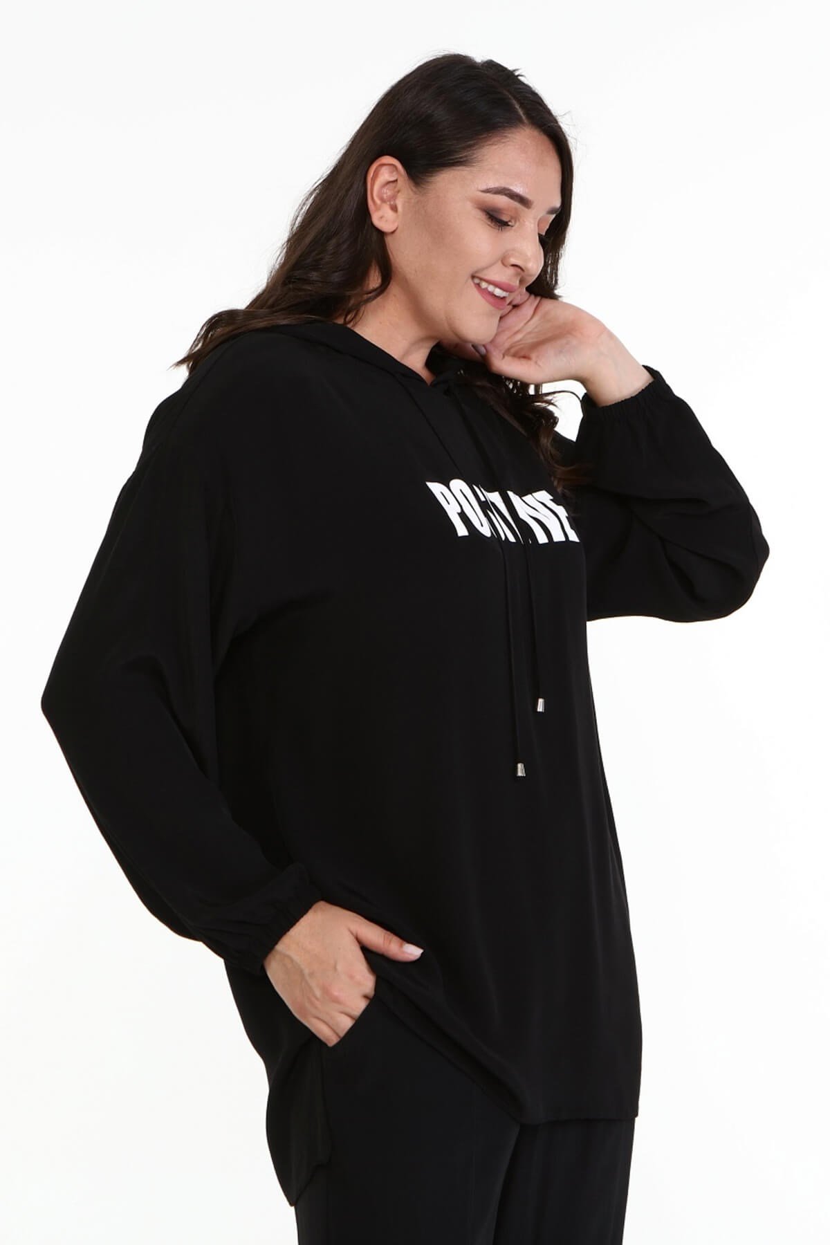 Myline-Baskılı Kapüşonlu Sweatshirt-Büyük Beden Bluz-67039