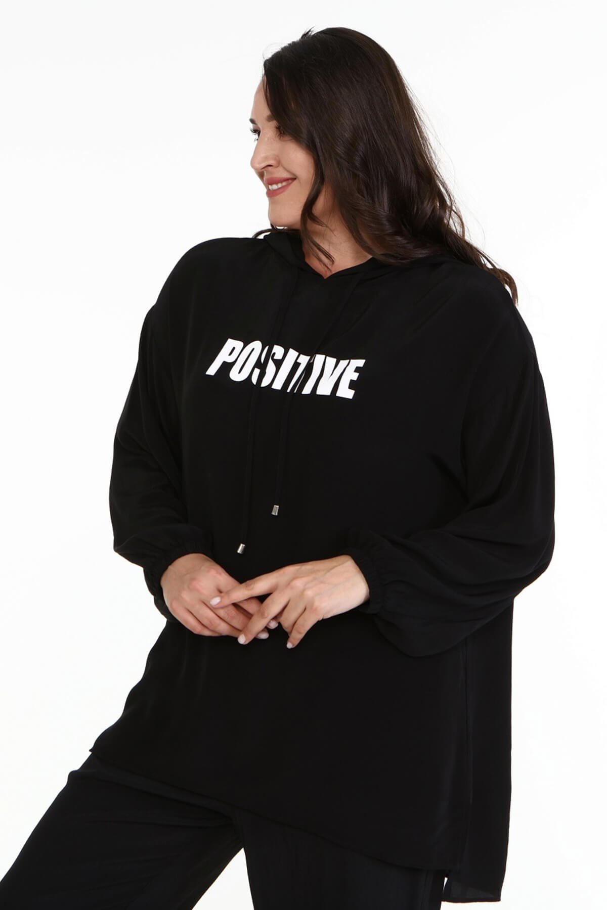 Myline-Baskılı Kapüşonlu Sweatshirt-Büyük Beden Bluz-67039