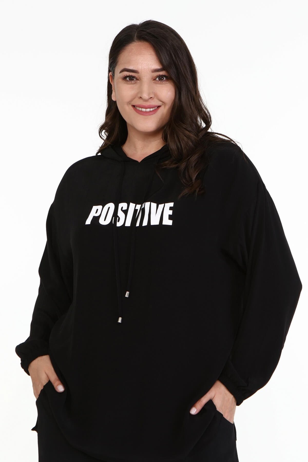 Myline-Baskılı Kapüşonlu Sweatshirt-Büyük Beden Bluz-67039