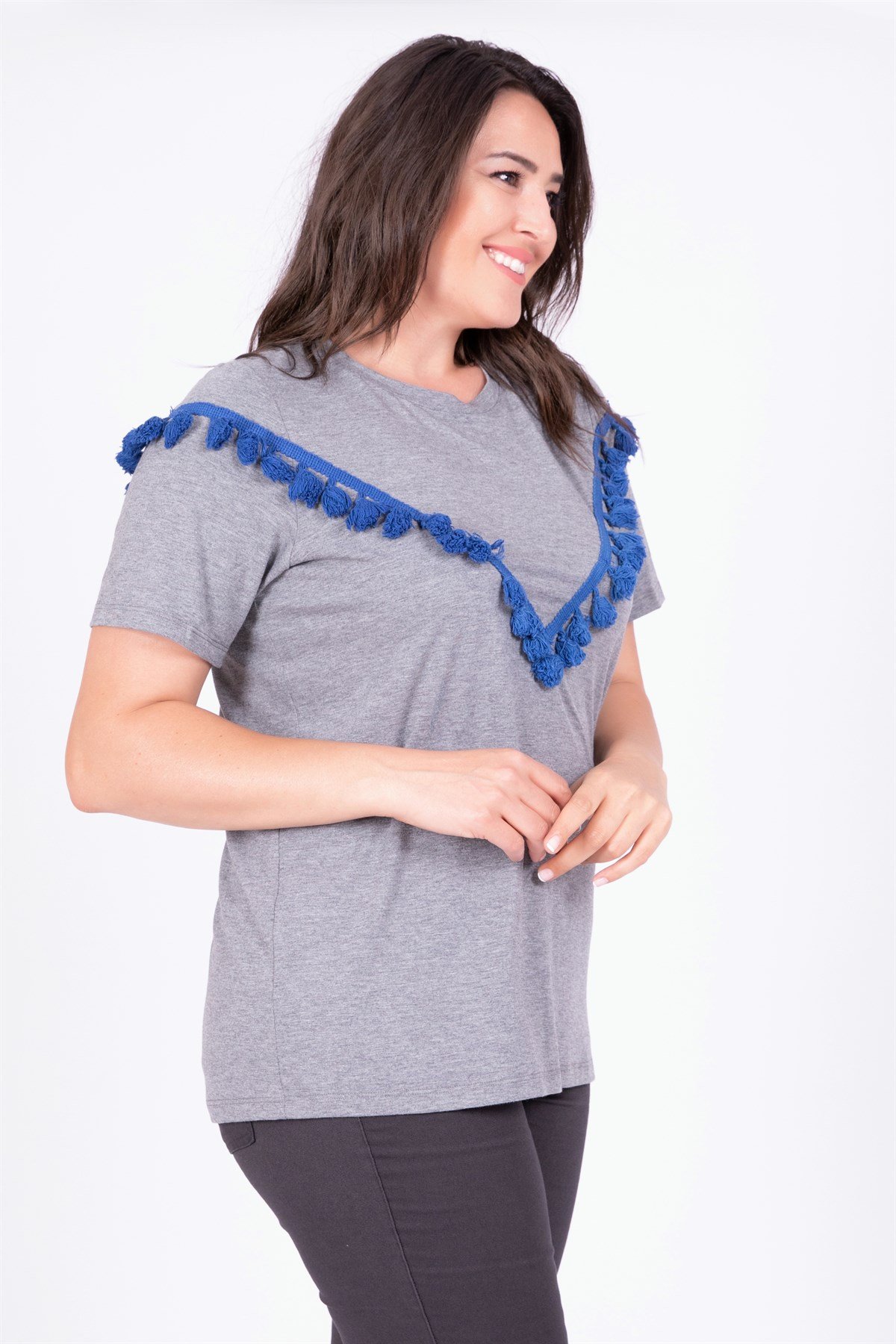 Myline-Bedeni Püsküllü T-Shirt-Büyük Beden Tişört-23572-m