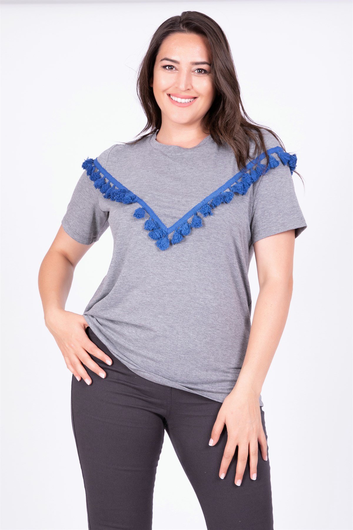 Myline-Bedeni Püsküllü T-Shirt-Büyük Beden Tişört-23572-m