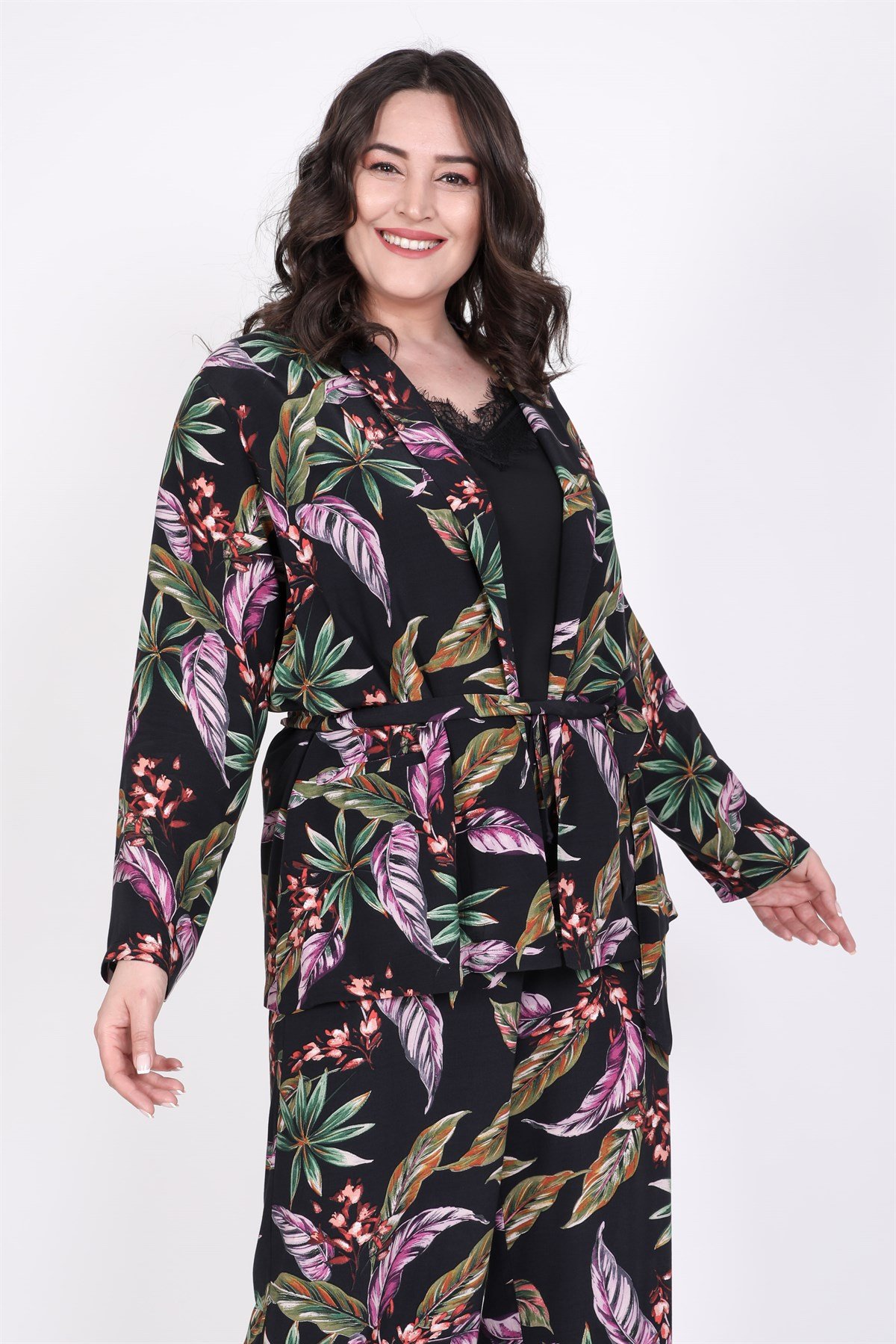 Myline-Belden Bağlamalı Astarsız Ceket-Büyük Beden Ceket-45383