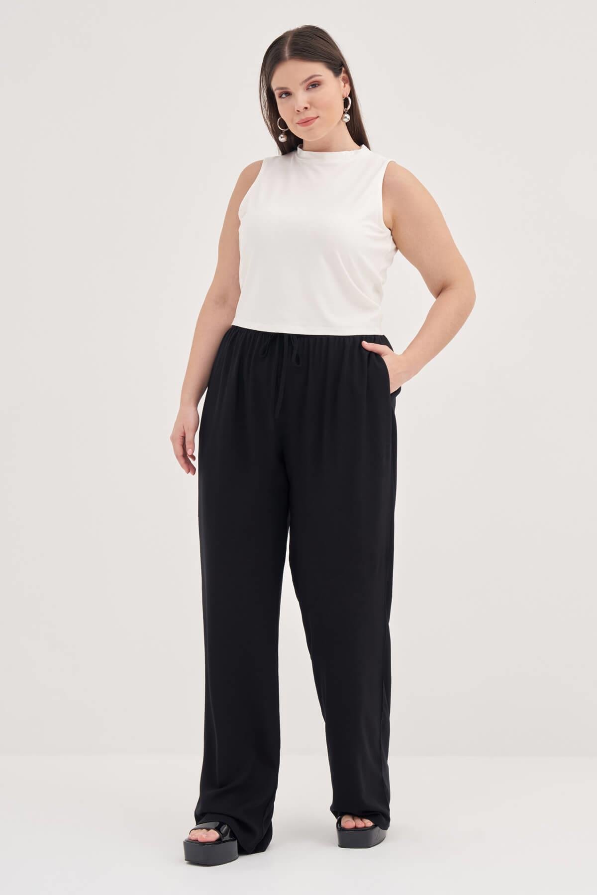 Myline-Beli Bağcıklı Düz Kesim Pantolon-Büyük Beden Pantolon-139209