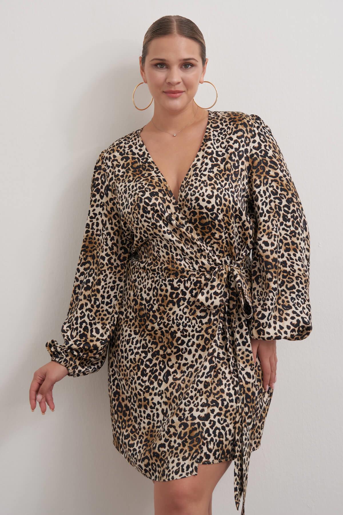 Myline-Beli Kuşaklı Leopar Elbise-Büyük Beden Elbise-149546