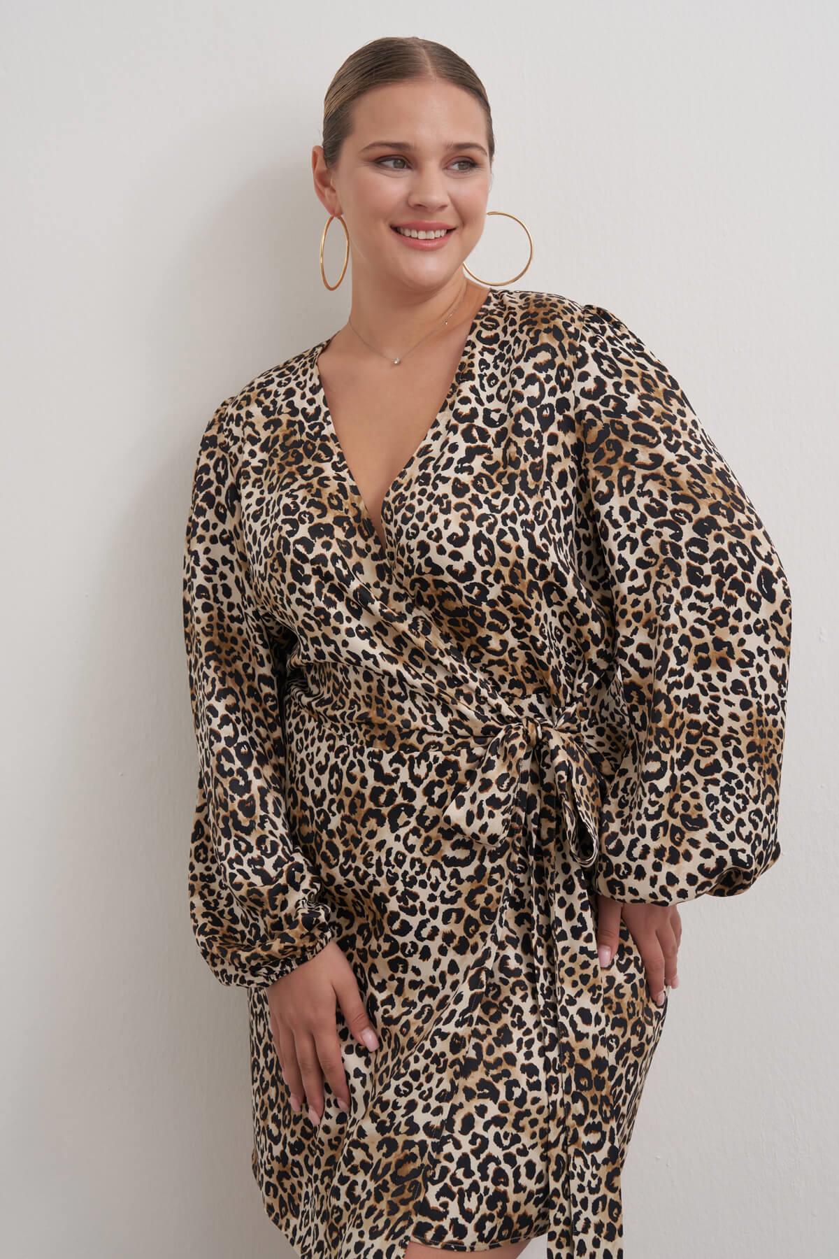 Myline-Beli Kuşaklı Leopar Elbise-Büyük Beden Elbise-149546