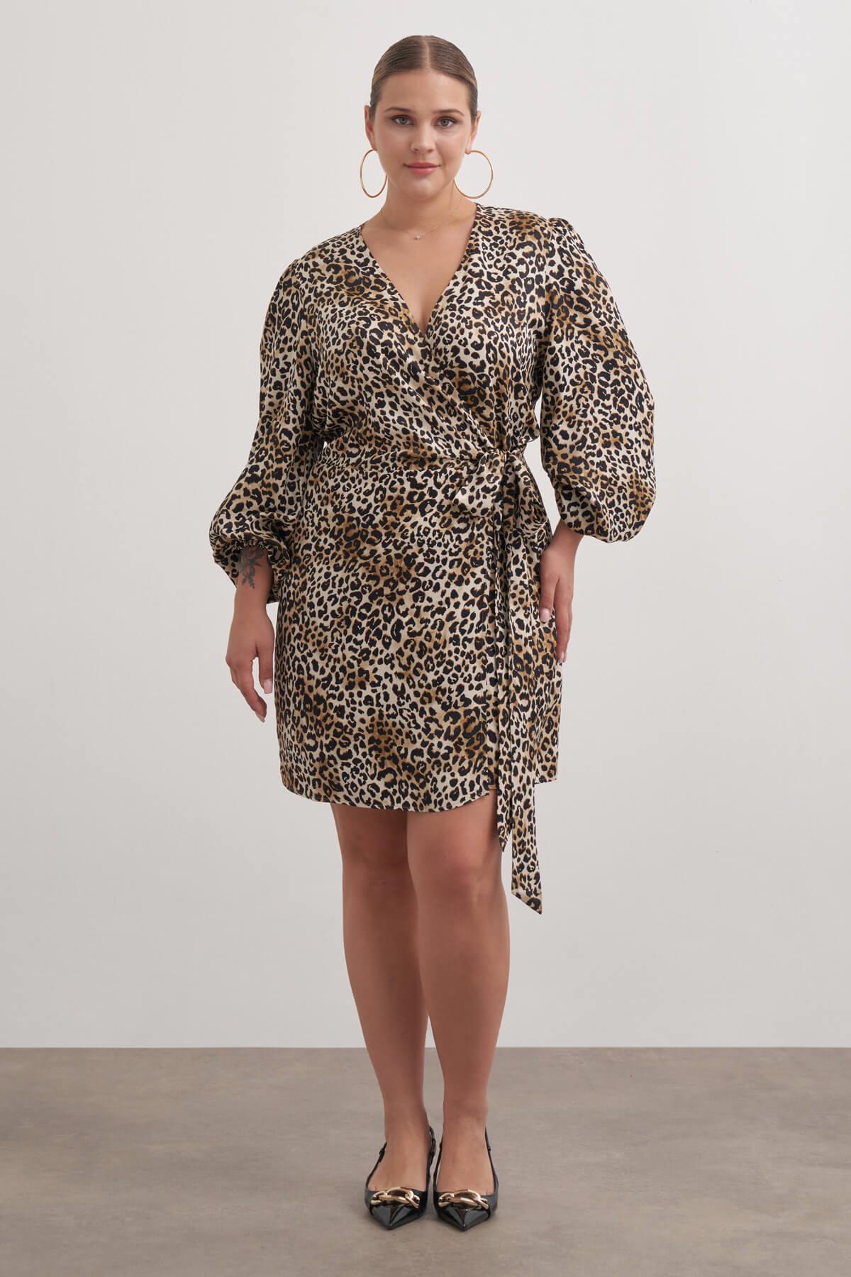 Myline-Beli Kuşaklı Leopar Elbise-Büyük Beden Elbise-149546