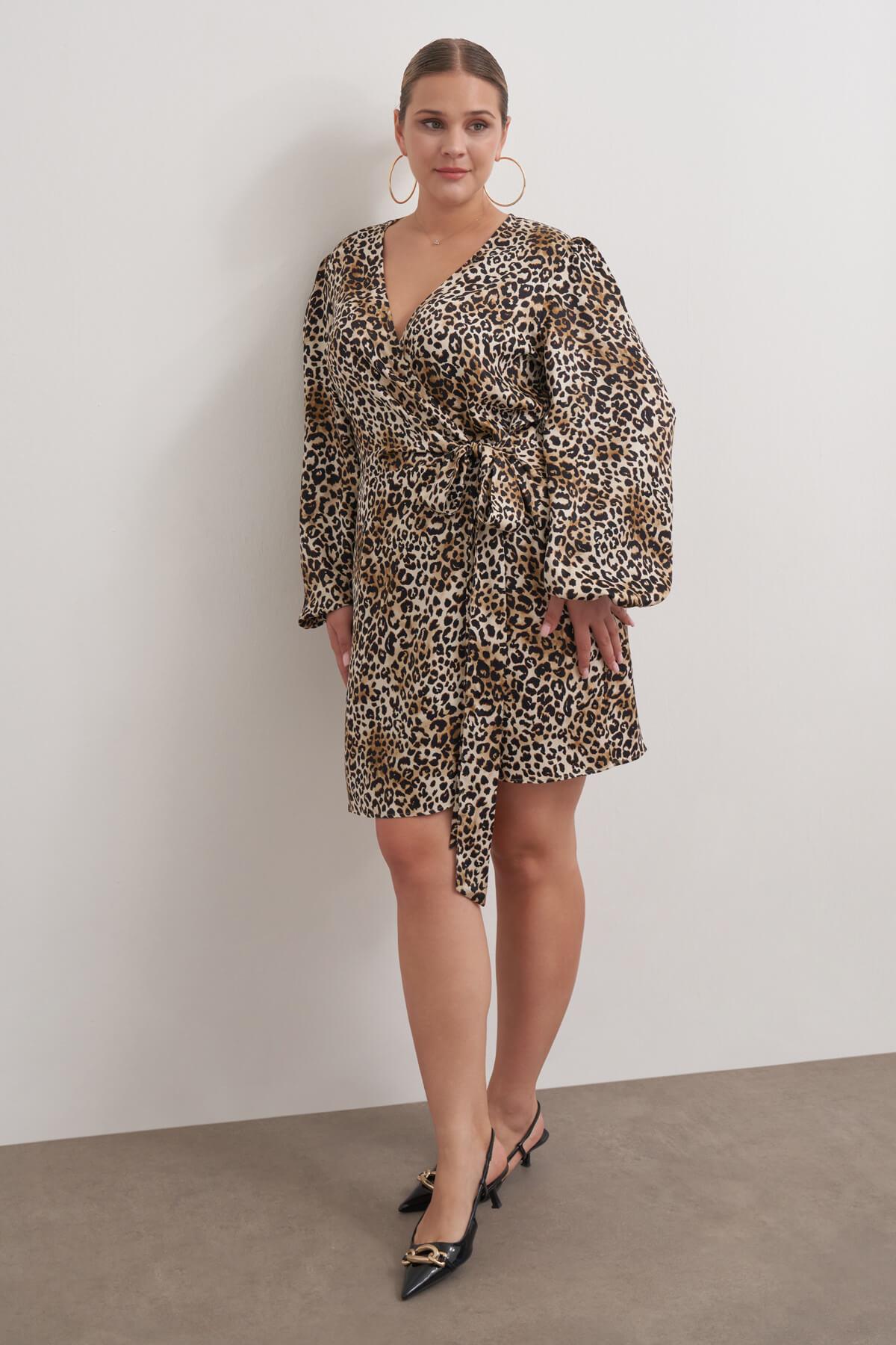 Myline-Beli Kuşaklı Leopar Elbise-Büyük Beden Elbise-149546