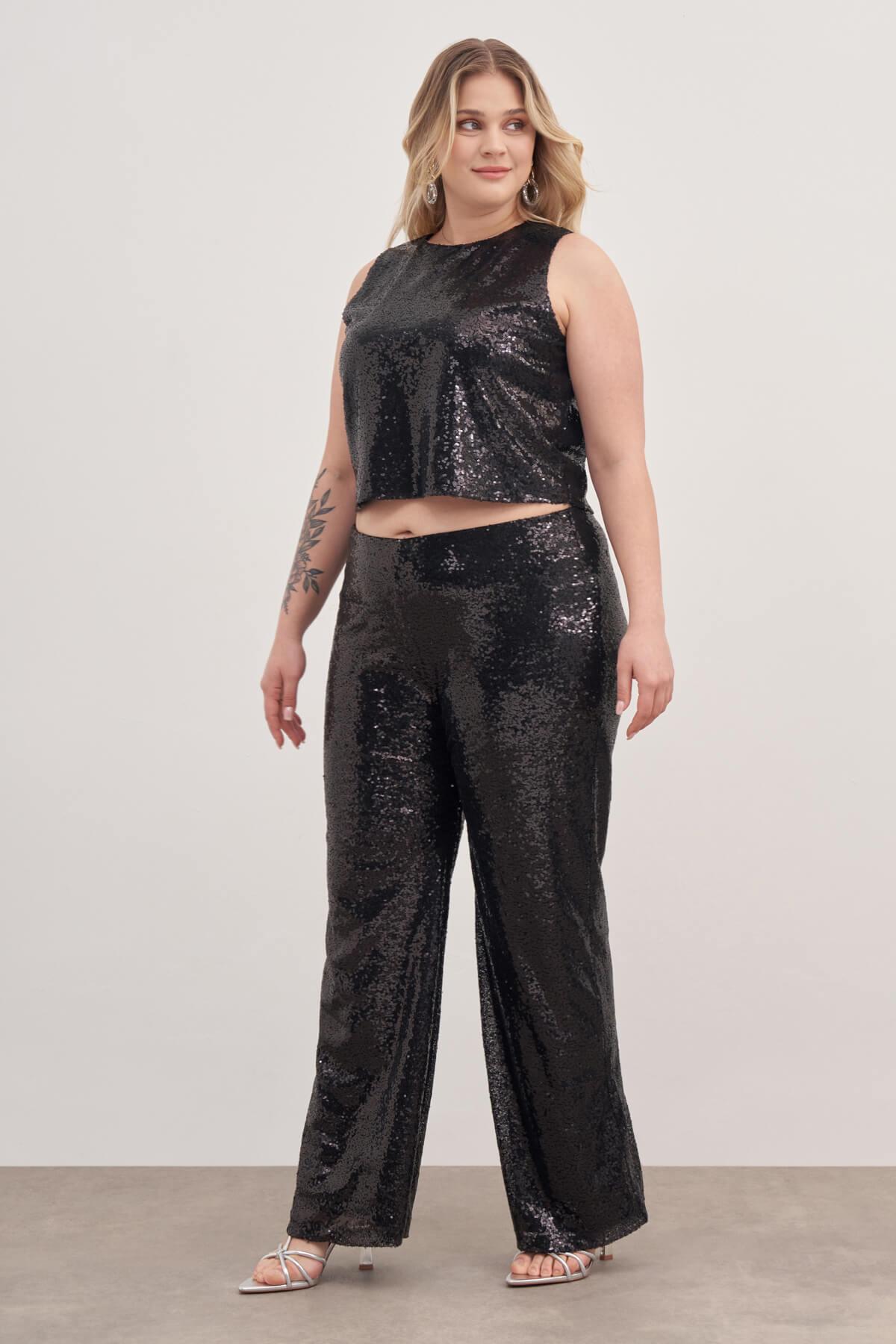 Myline-Beli Lastikli Astarlı Payetli Pantolon-Büyük Beden Pantolon-129007