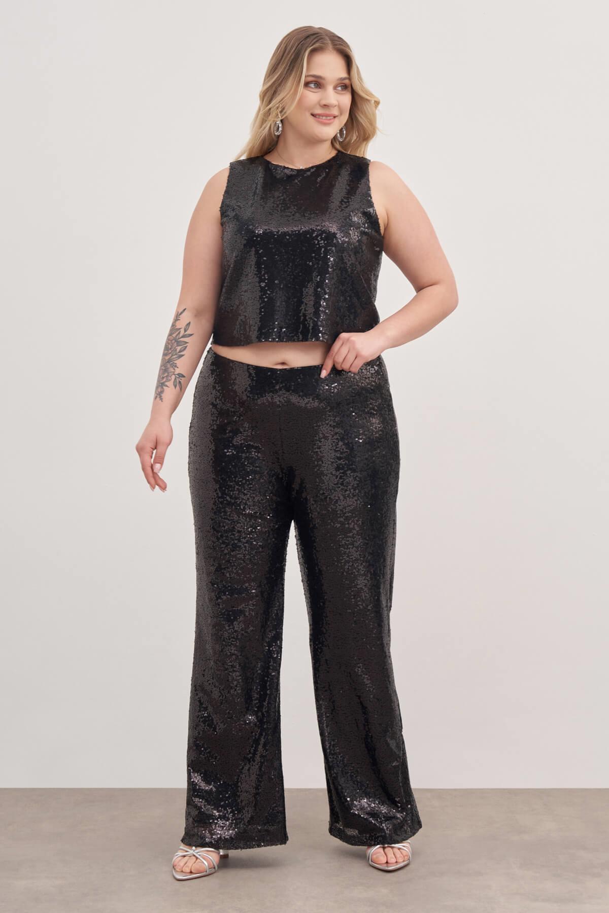 Myline-Beli Lastikli Astarlı Payetli Pantolon-Büyük Beden Pantolon-129007