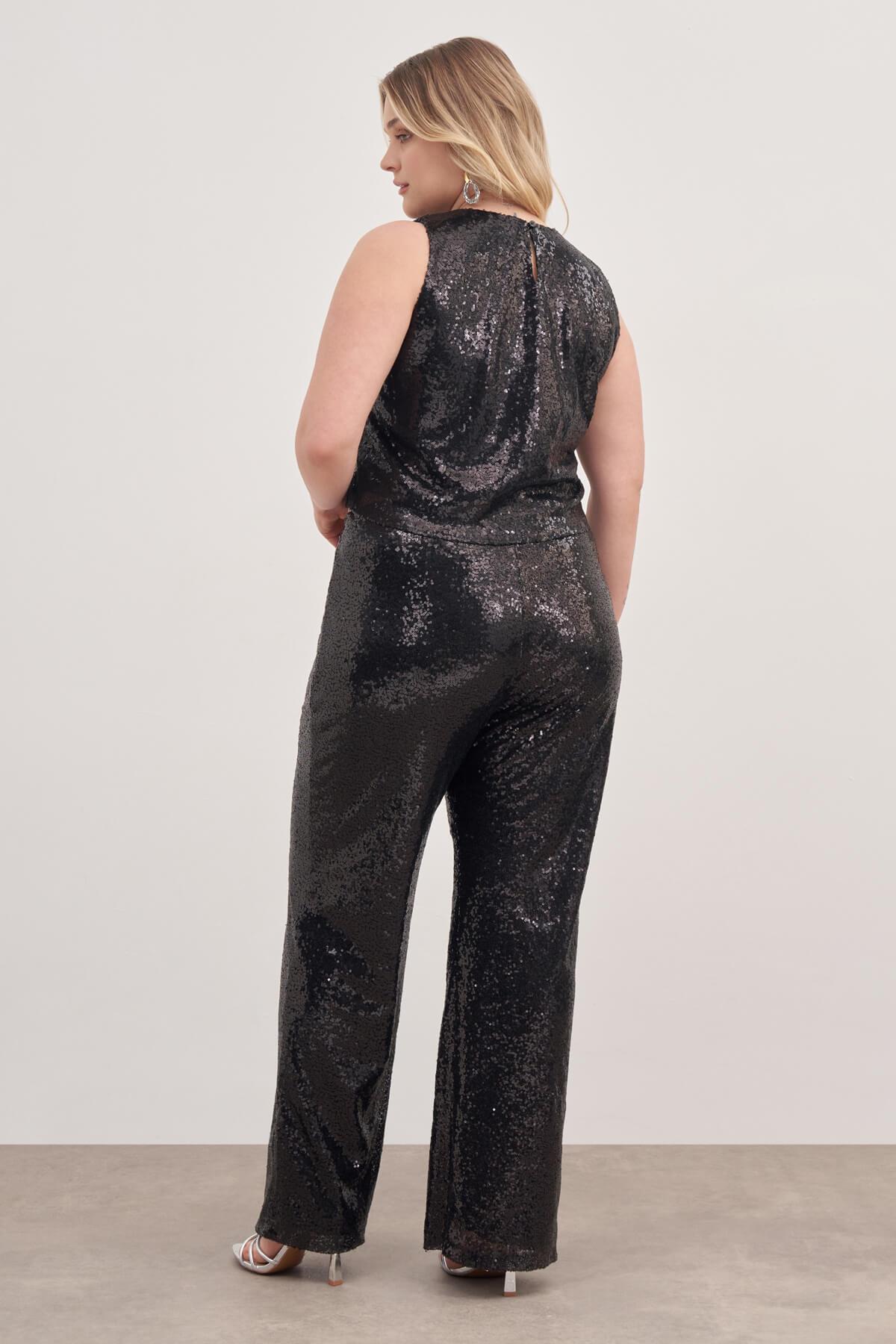 Myline-Beli Lastikli Astarlı Payetli Pantolon-Büyük Beden Pantolon-129007