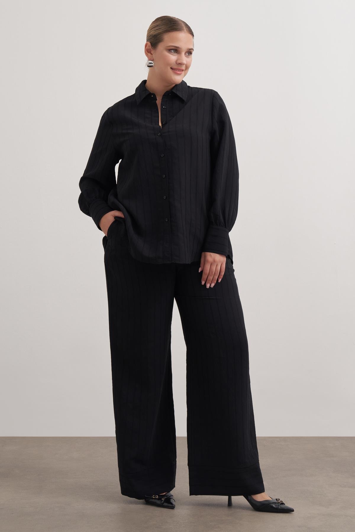 Myline-Beli Lastikli Cepli Çizgili Pantolon-Büyük Beden Pantolon-149544