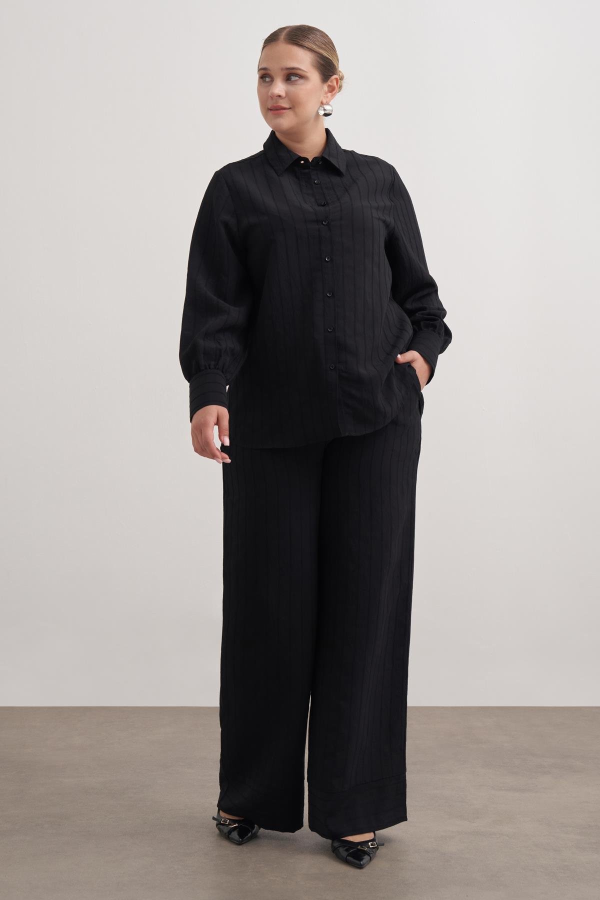 Myline-Beli Lastikli Cepli Çizgili Pantolon-Büyük Beden Pantolon-149544