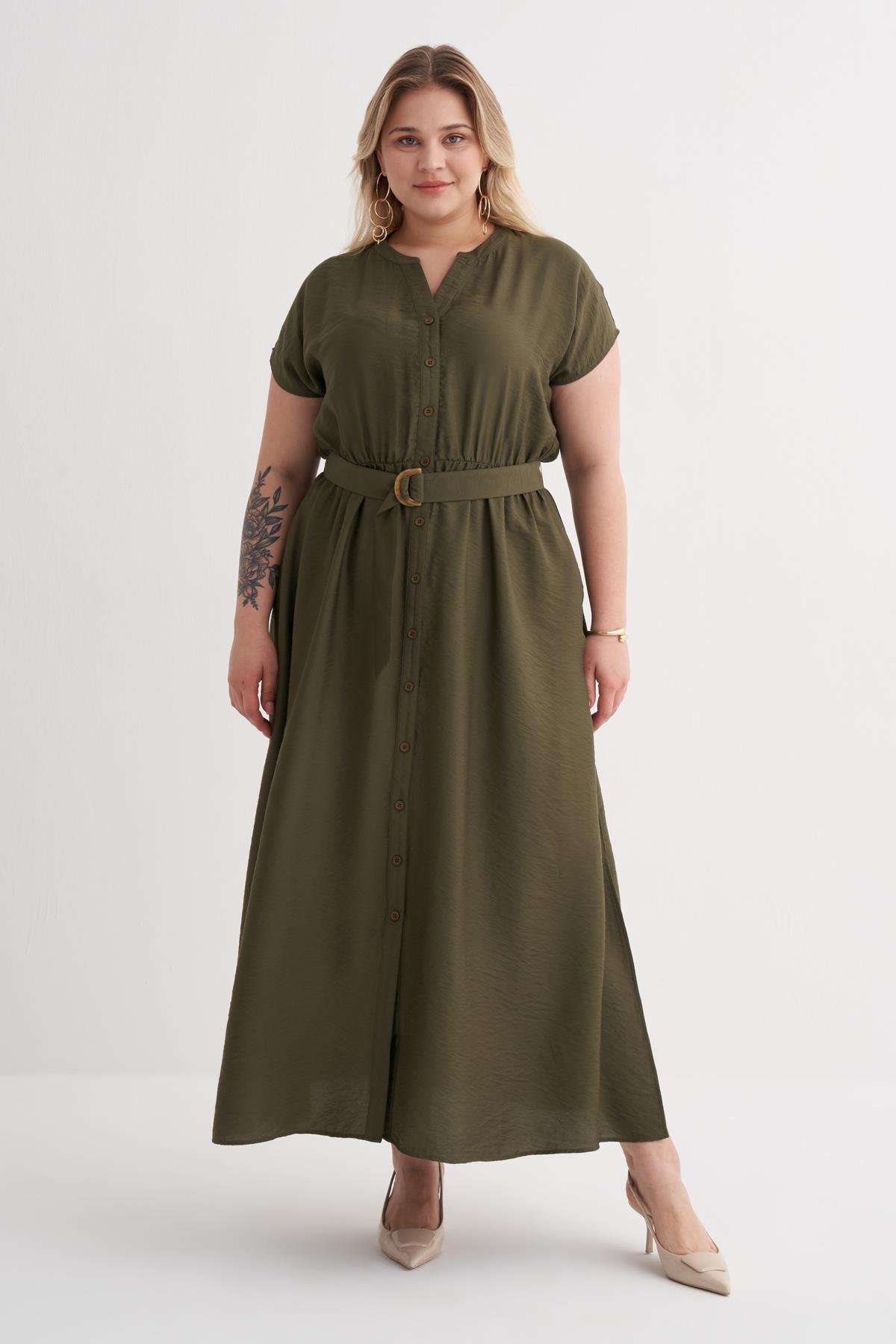 Myline-Beli Lastikli Cepli Kemer Detaylı Elbise-Büyük Beden Elbise-149944