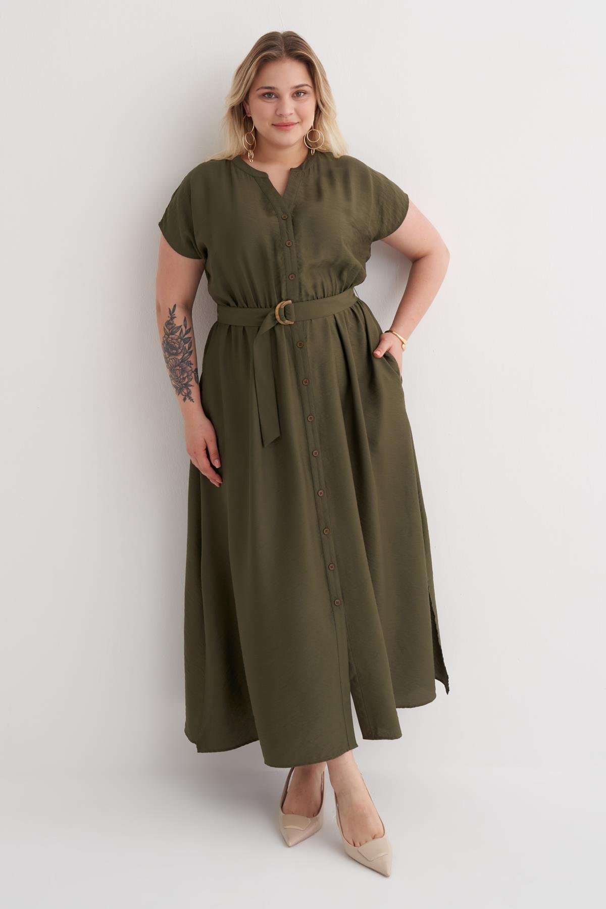 Myline-Beli Lastikli Cepli Kemer Detaylı Elbise-Büyük Beden Elbise-149944