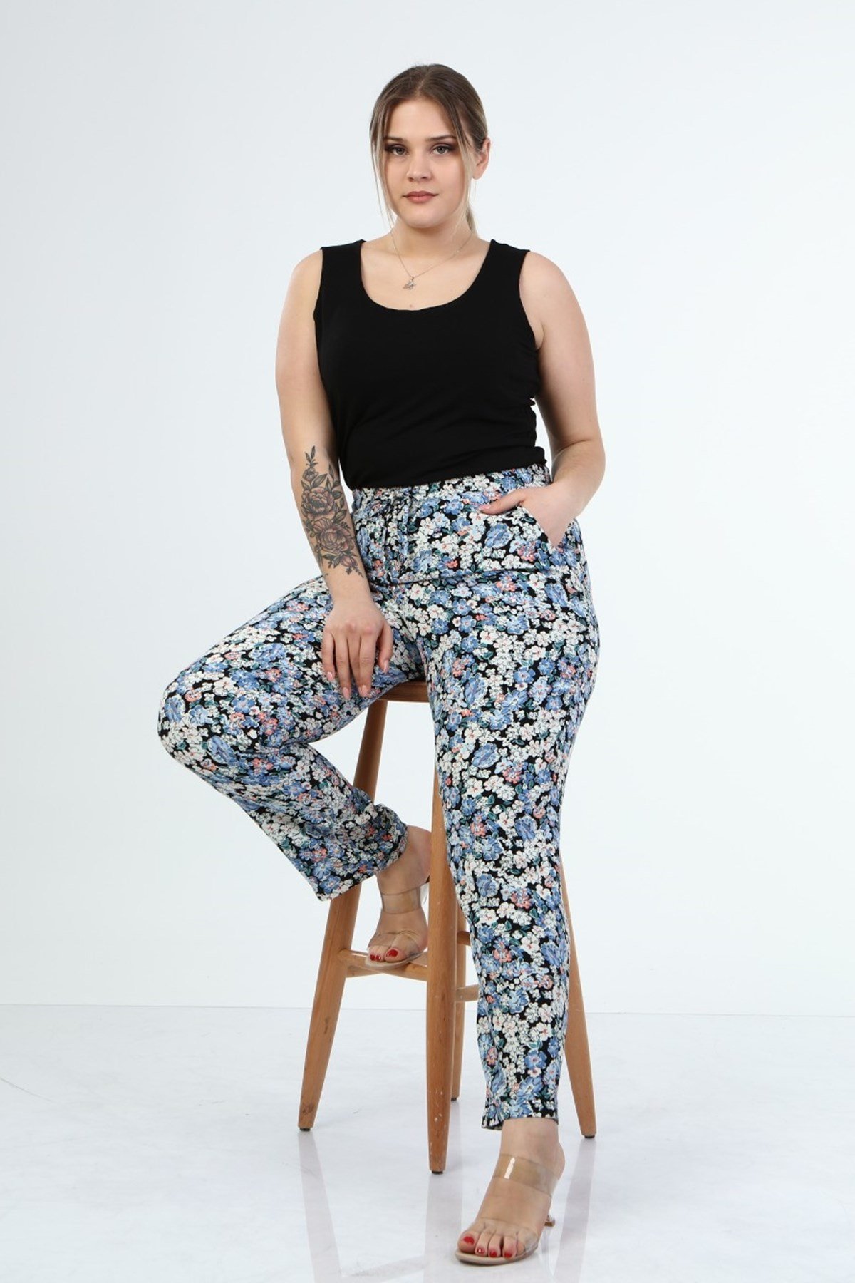 Myline-Beli Lastikli Cepli Pantolon-Büyük Beden Pantolon-66645