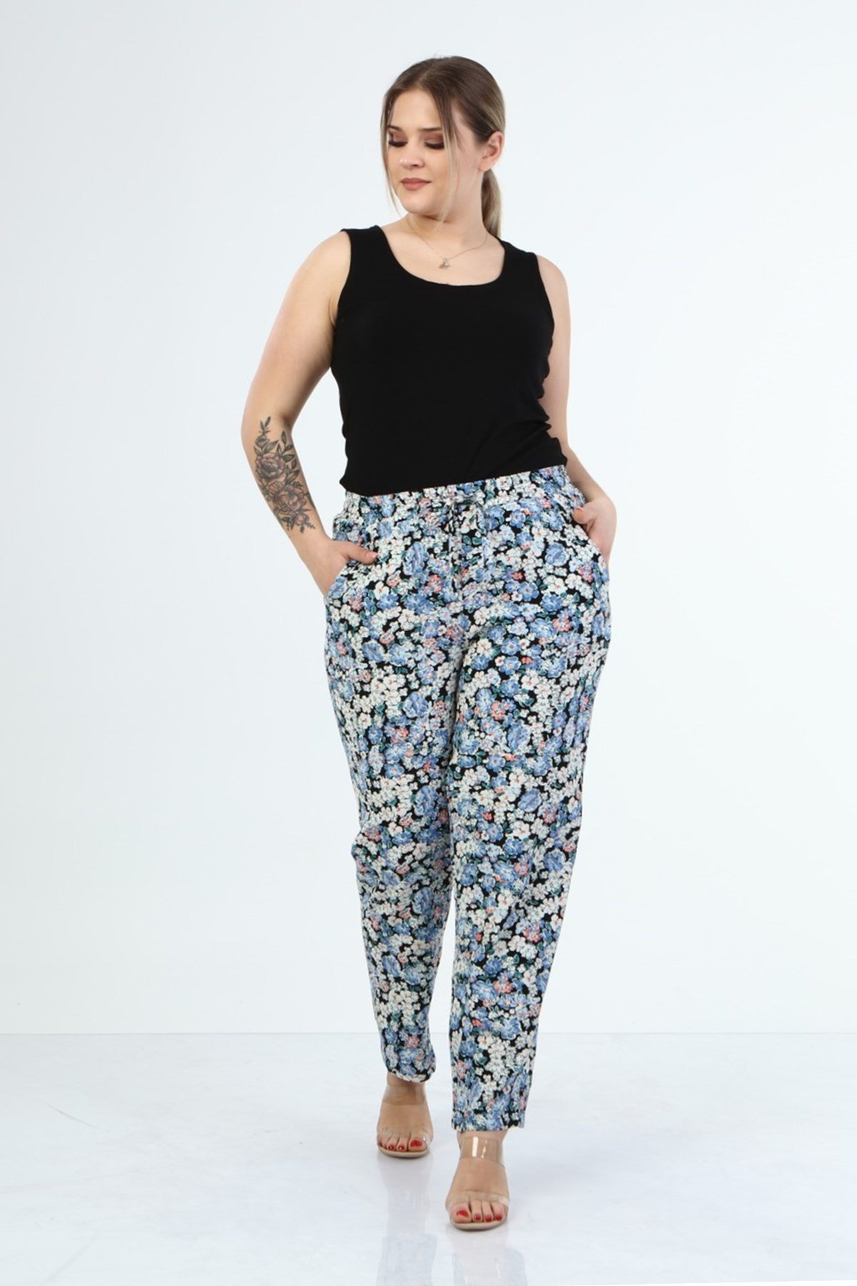 Myline-Beli Lastikli Cepli Pantolon-Büyük Beden Pantolon-66645