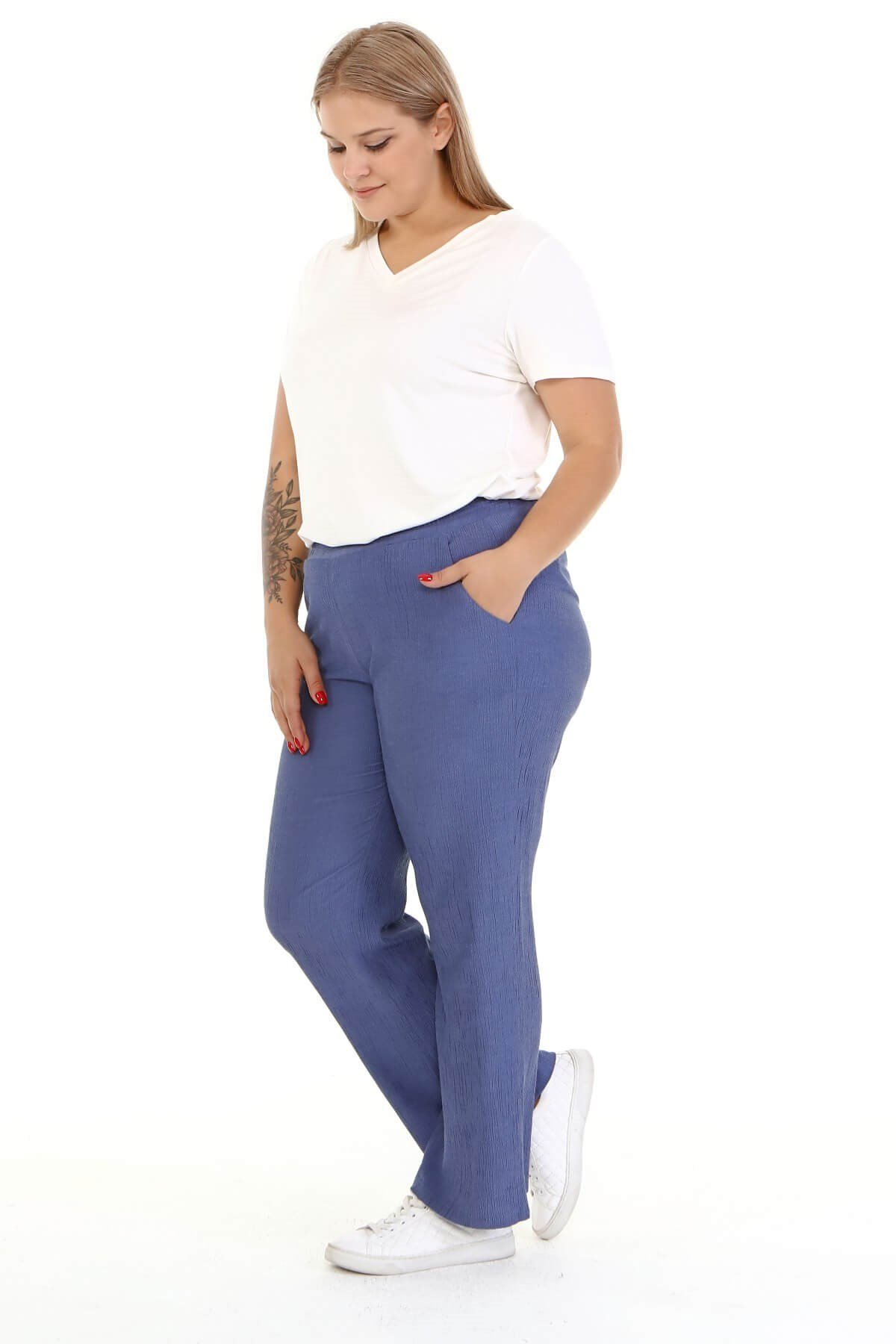 Myline-Beli Lastikli Cepli Pantolon -Büyük Beden Pantolon-77084