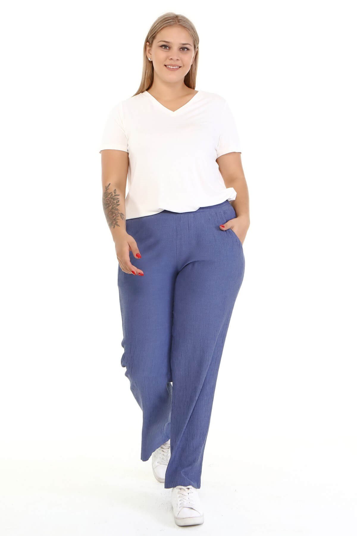 Myline-Beli Lastikli Cepli Pantolon -Büyük Beden Pantolon-77084