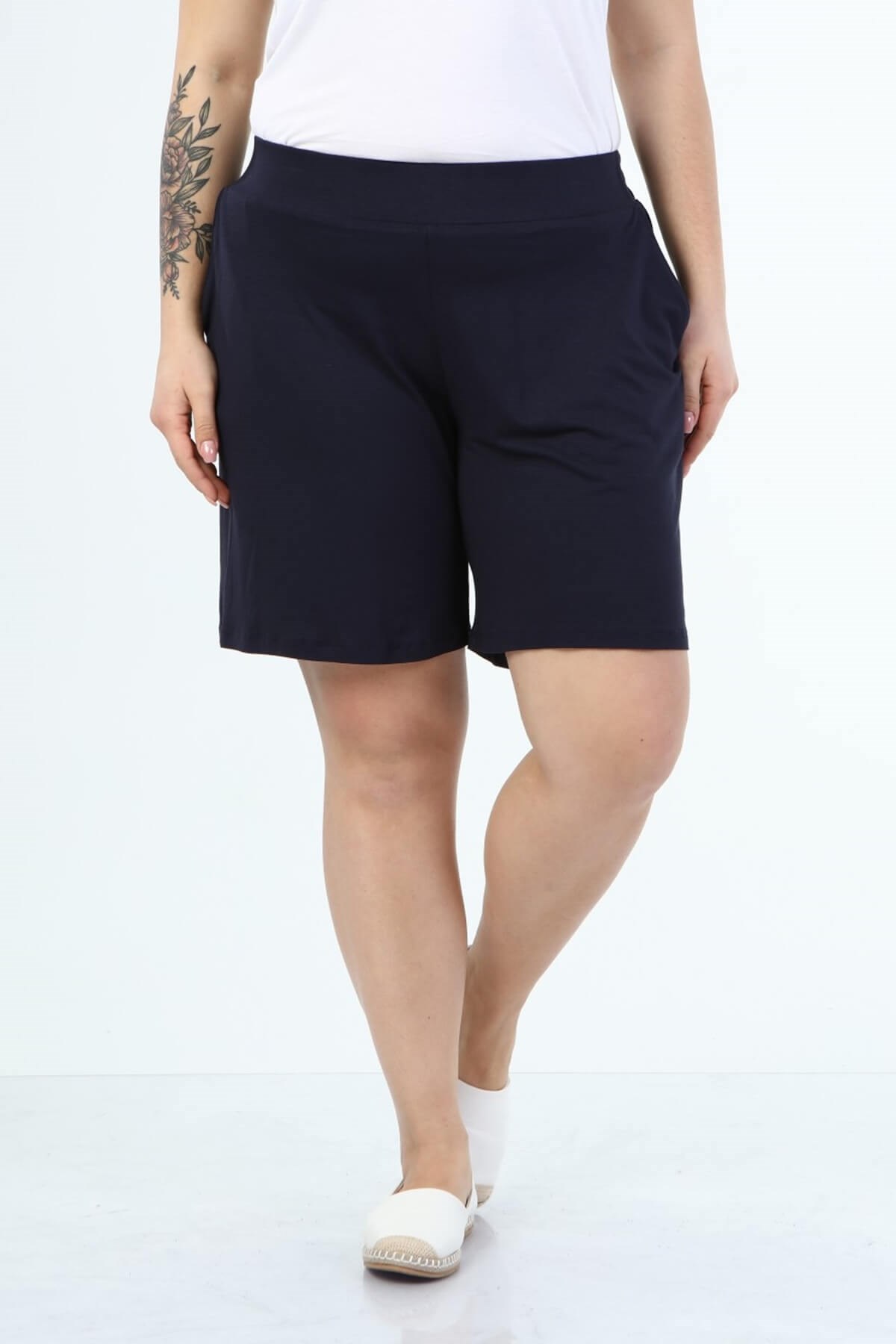 Myline-Beli Lastikli Cepli Penye Şort-Büyük Beden Şort-66435