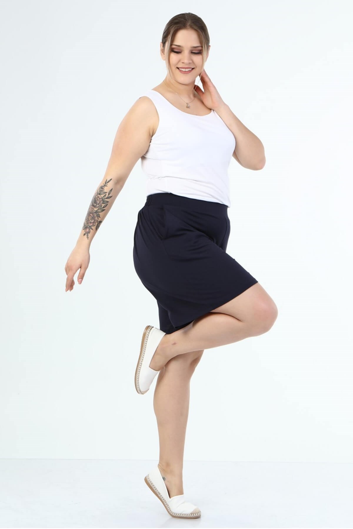 Myline-Beli Lastikli Cepli Penye Şort-Büyük Beden Şort-66435