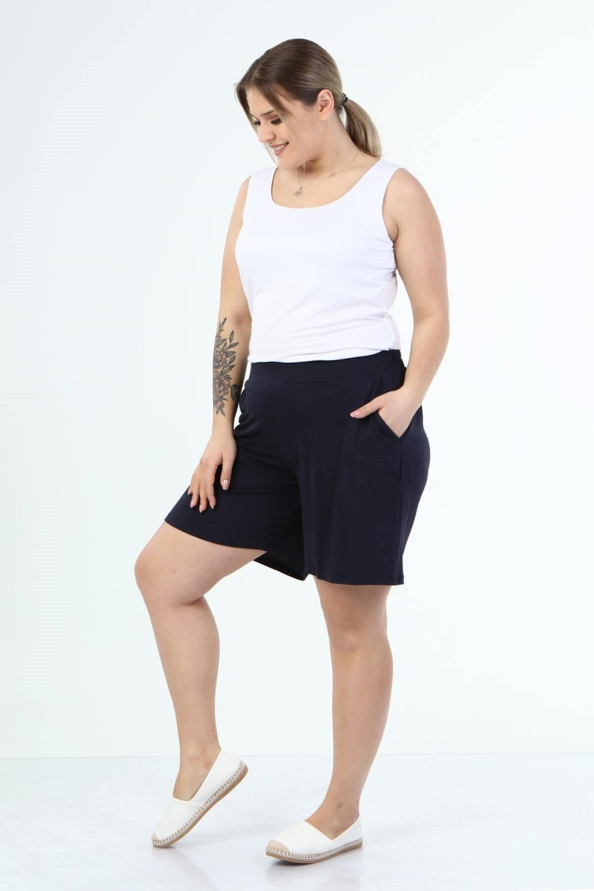 Myline-Beli Lastikli Cepli Penye Şort-Büyük Beden Şort-66435